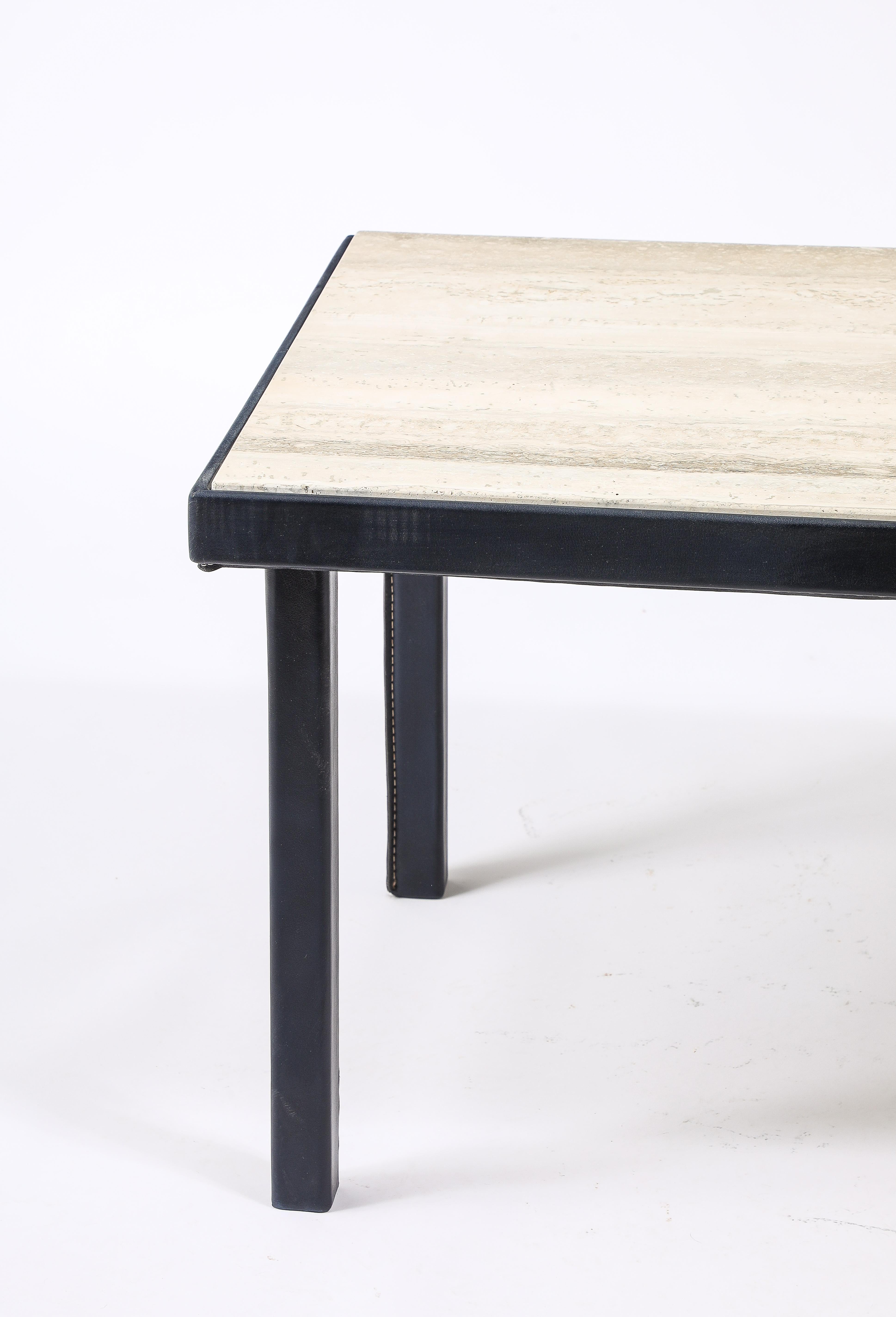 Jacques Adnet Stitched Blue Leather & Travertine Coffee Table, France 1950's For Sale 5