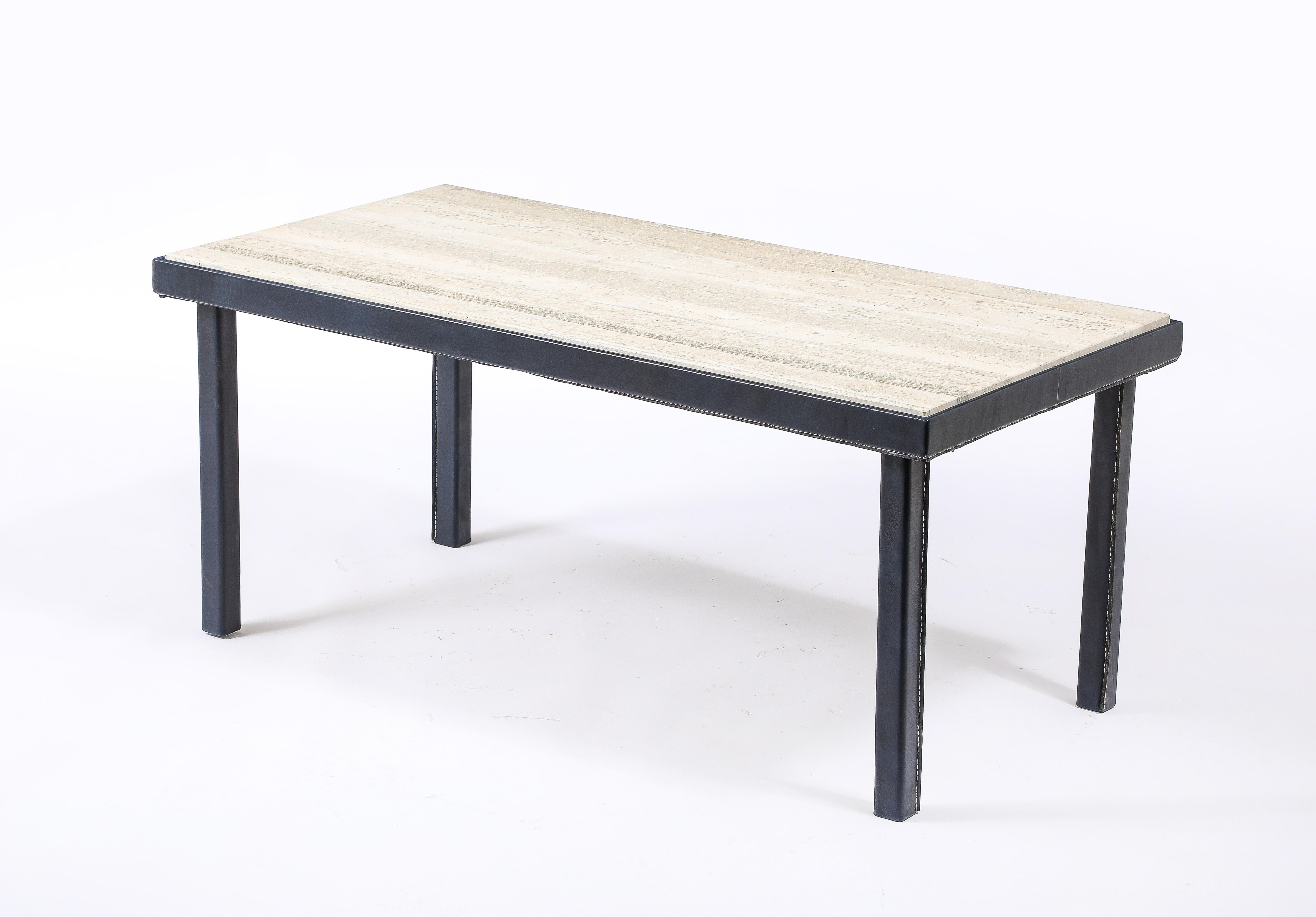 Jacques Adnet Stitched Blue Leather & Travertine Coffee Table, France 1950's For Sale 6