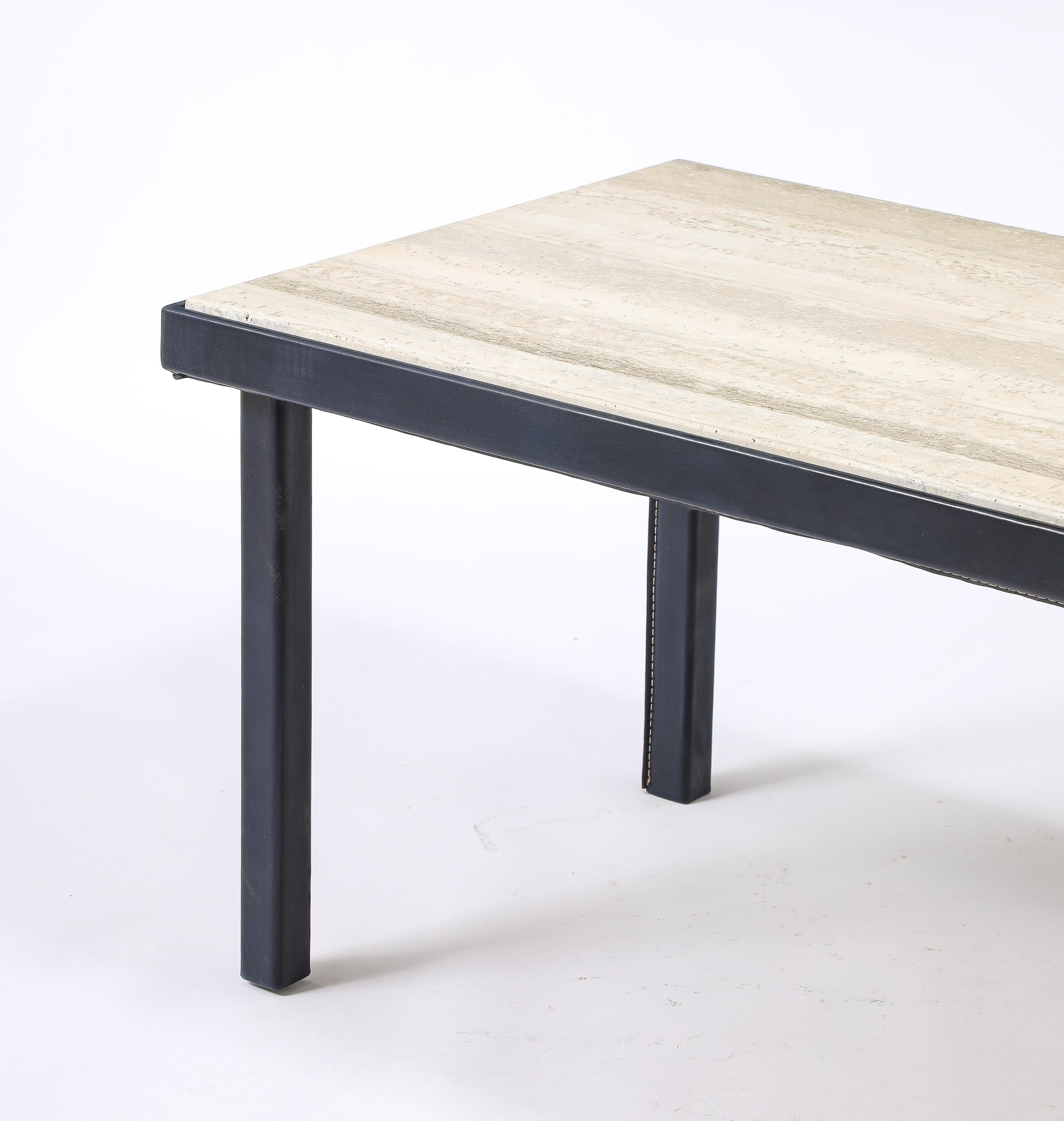 Jacques Adnet Stitched Blue Leather & Travertine Coffee Table, France 1950's For Sale 8