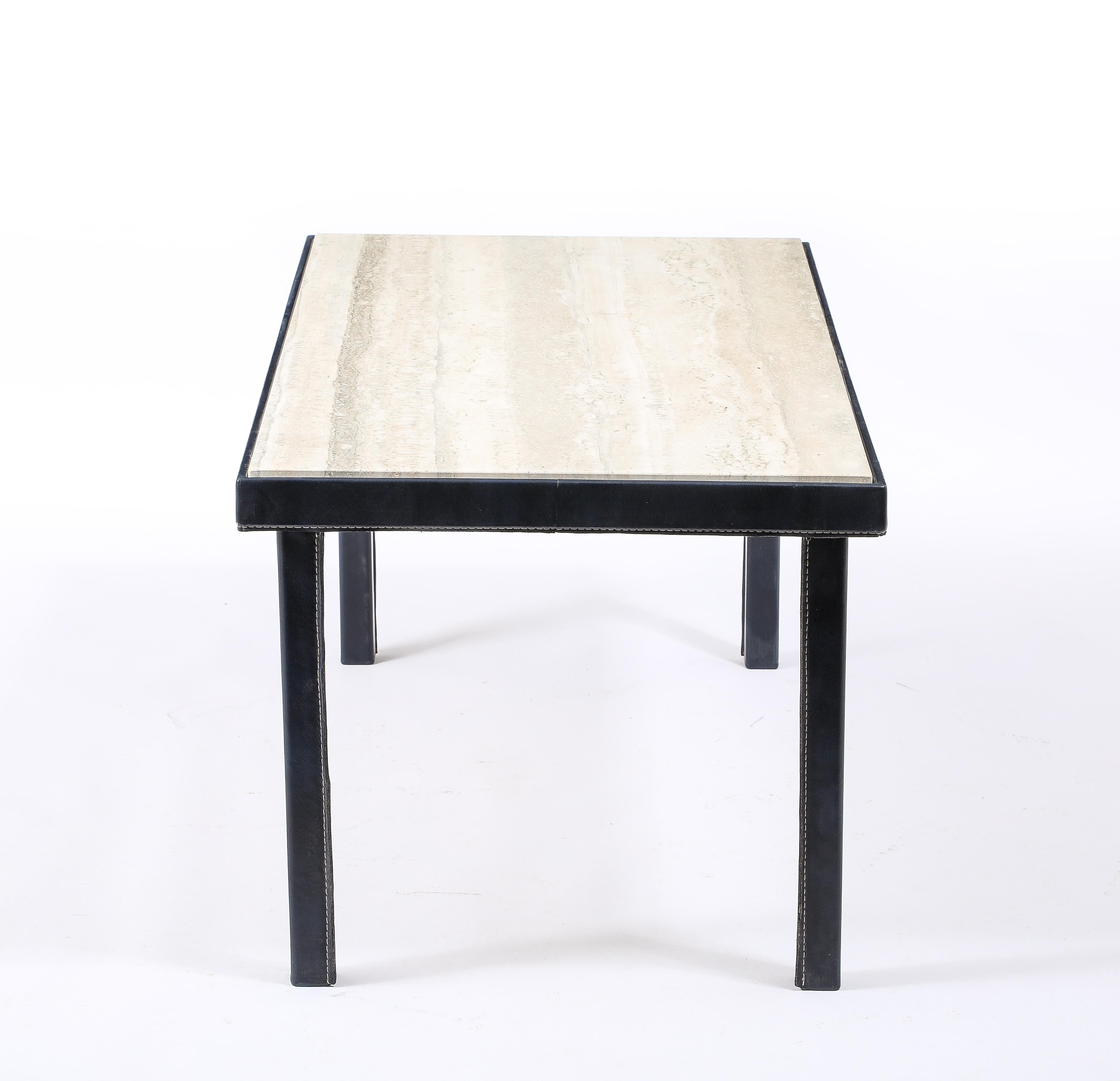 Jacques Adnet Stitched Blue Leather & Travertine Coffee Table, France 1950's For Sale 9