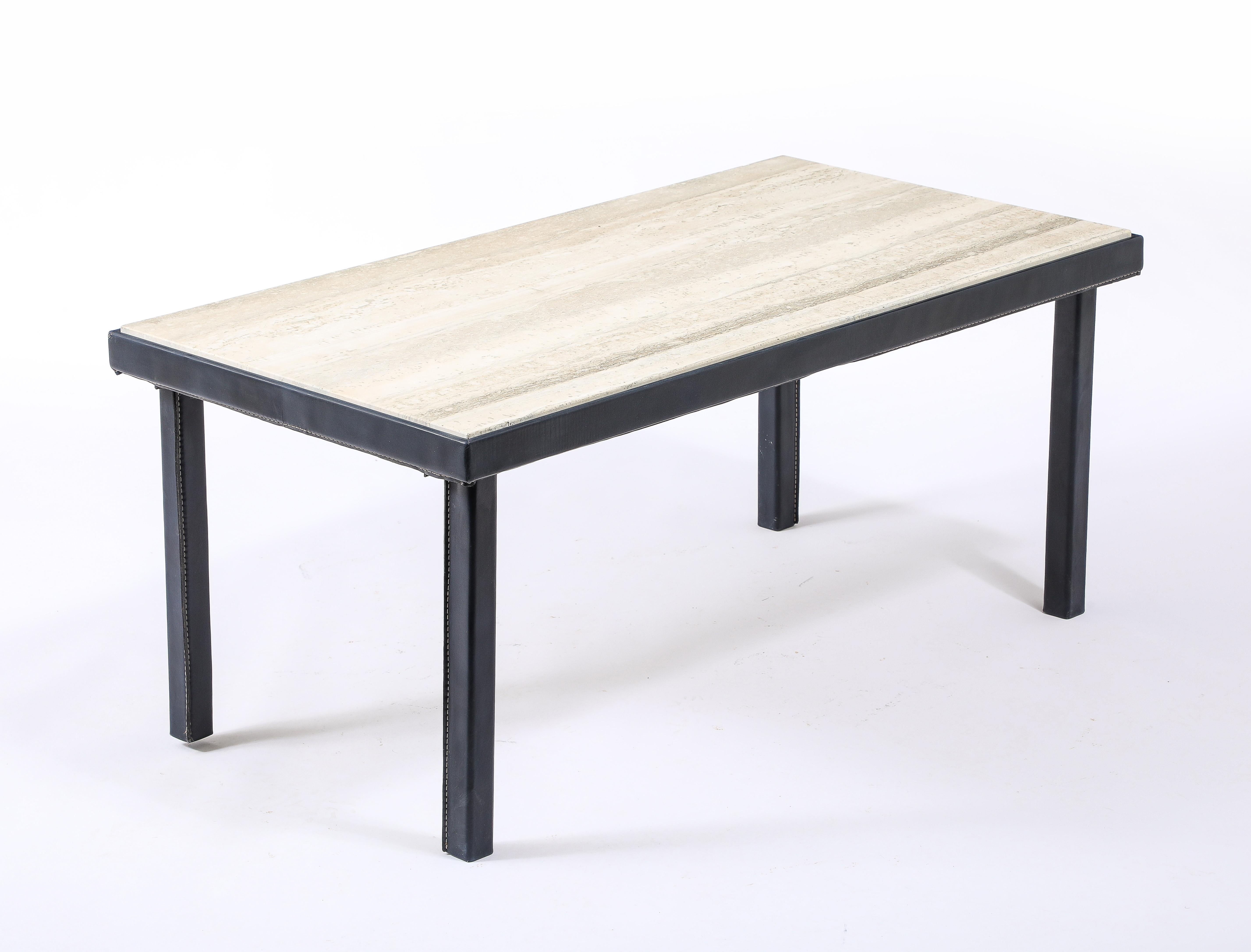 French Jacques Adnet Stitched Blue Leather & Travertine Coffee Table, France 1950's For Sale