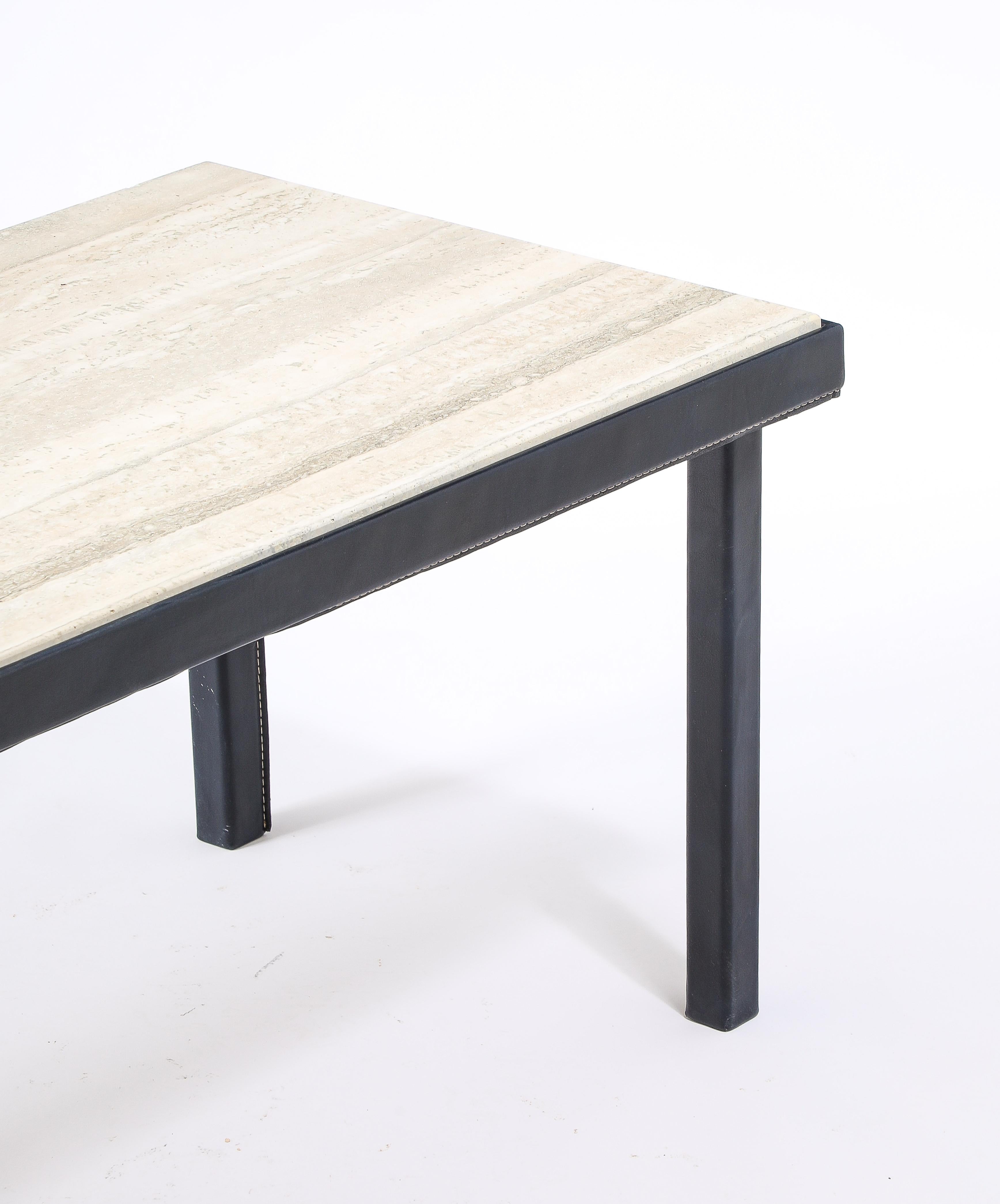 20th Century Jacques Adnet Stitched Blue Leather & Travertine Coffee Table, France 1950's For Sale