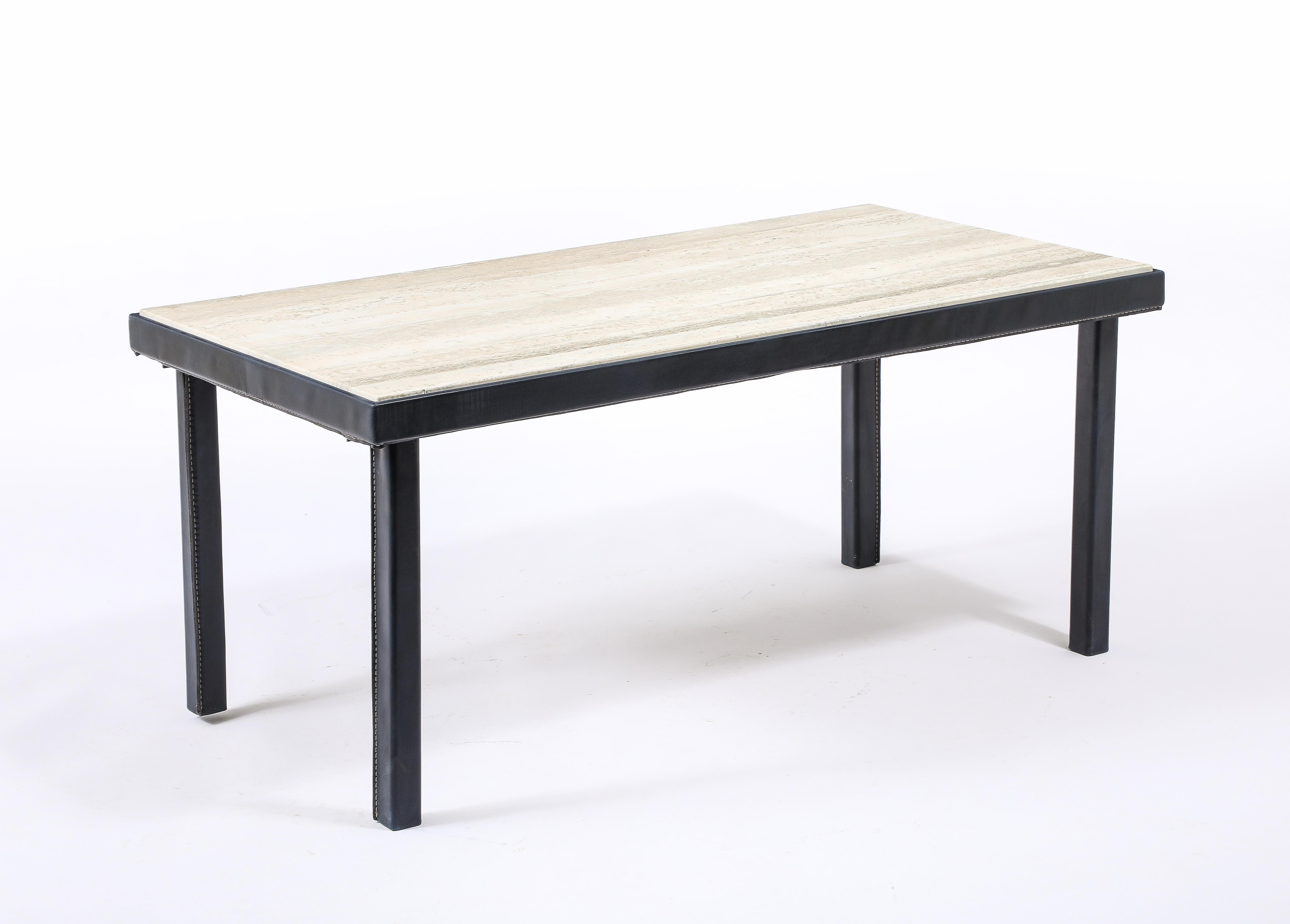 Jacques Adnet Stitched Blue Leather & Travertine Coffee Table, France 1950's For Sale 1