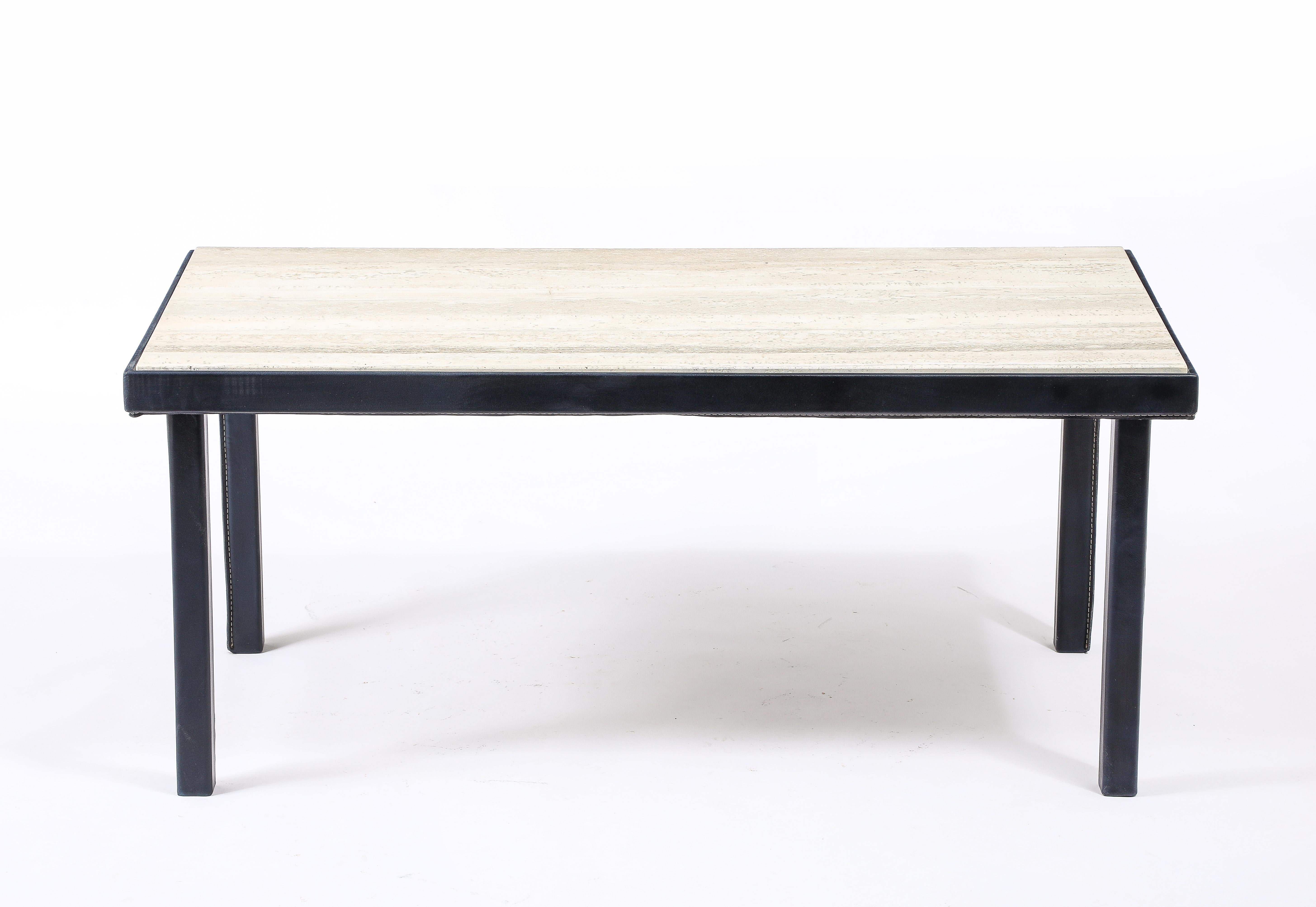 Jacques Adnet Stitched Blue Leather & Travertine Coffee Table, France 1950's For Sale 3