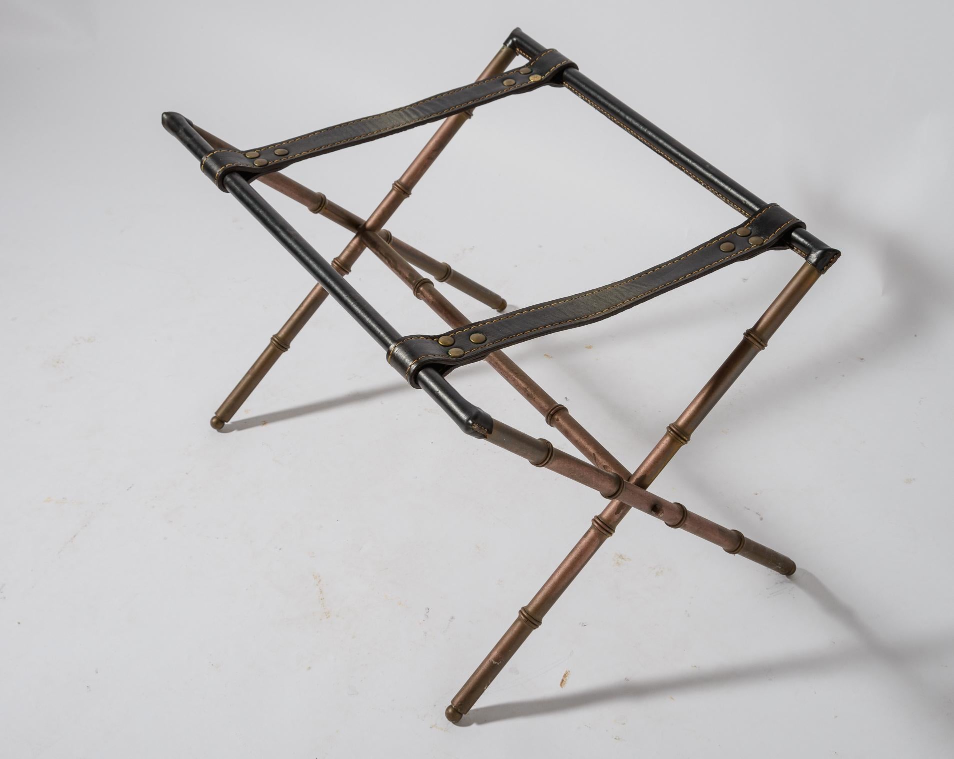 French Jacques Adnet Stitched Leather and Brass Luggage Stand For Sale