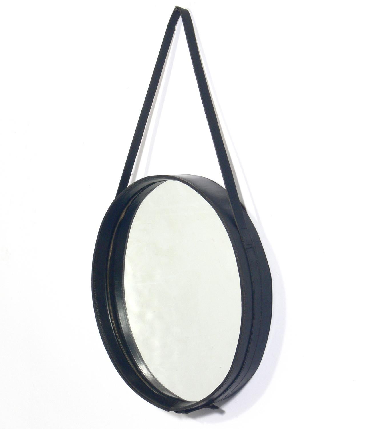 Mid-Century Modern Jacques Adnet Stitched Leather and Brass Mirror