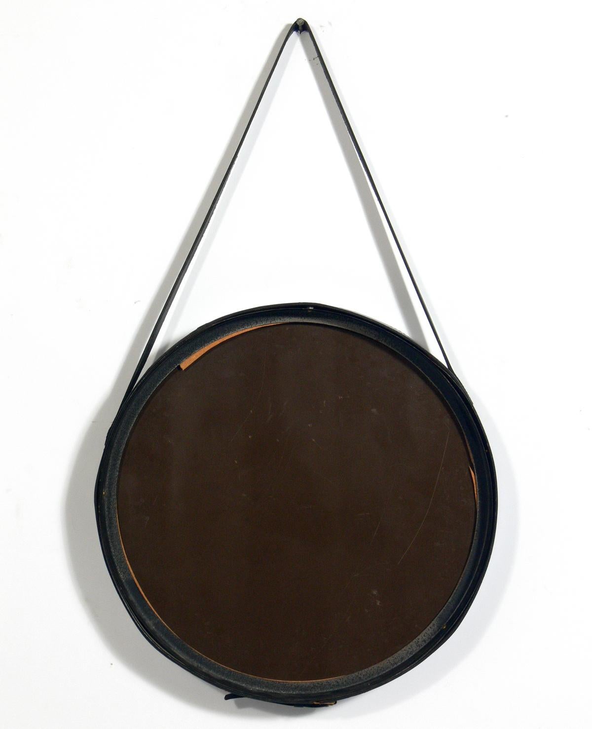 Mid-20th Century Jacques Adnet Stitched Leather and Brass Mirror