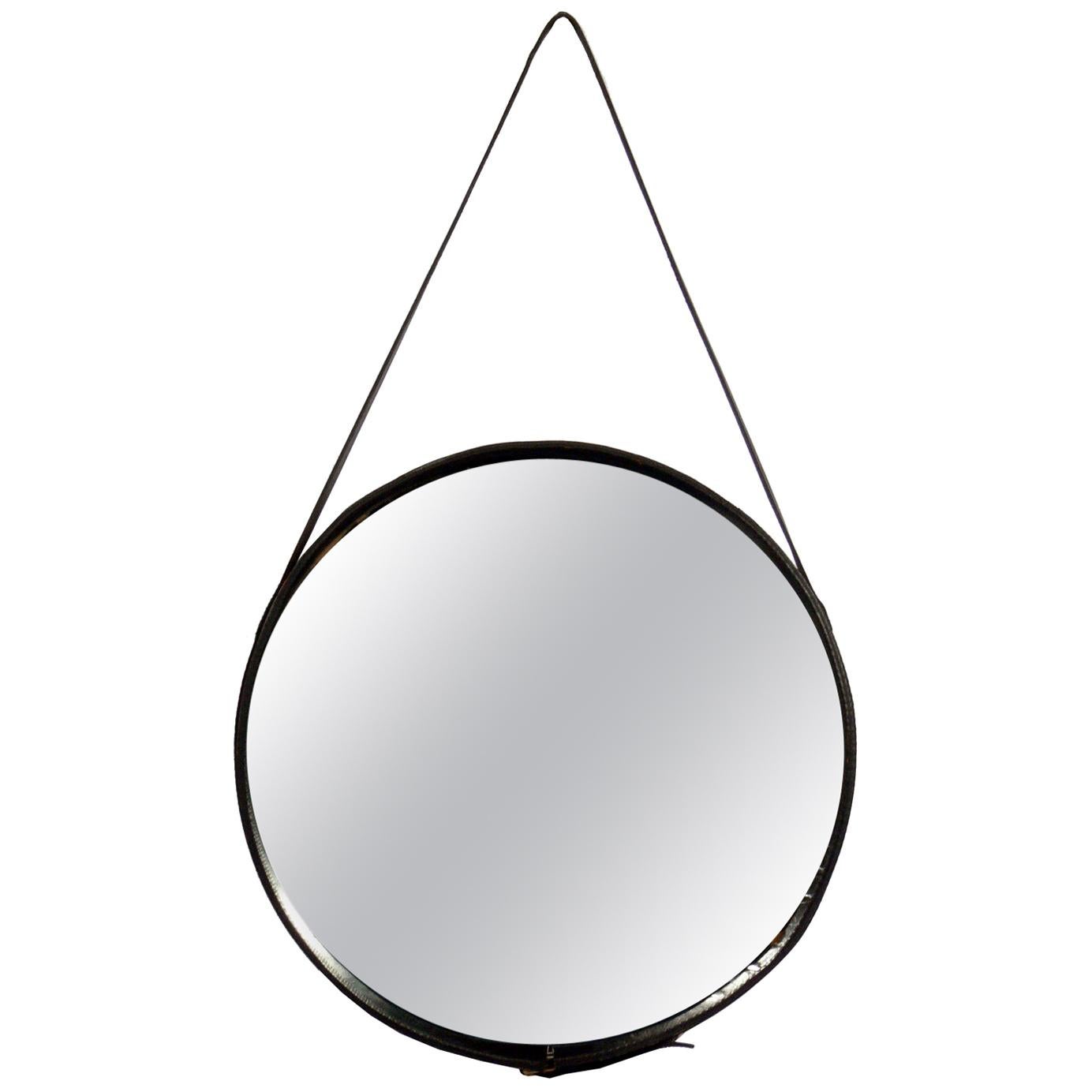 Jacques Adnet Stitched Leather and Brass Mirror