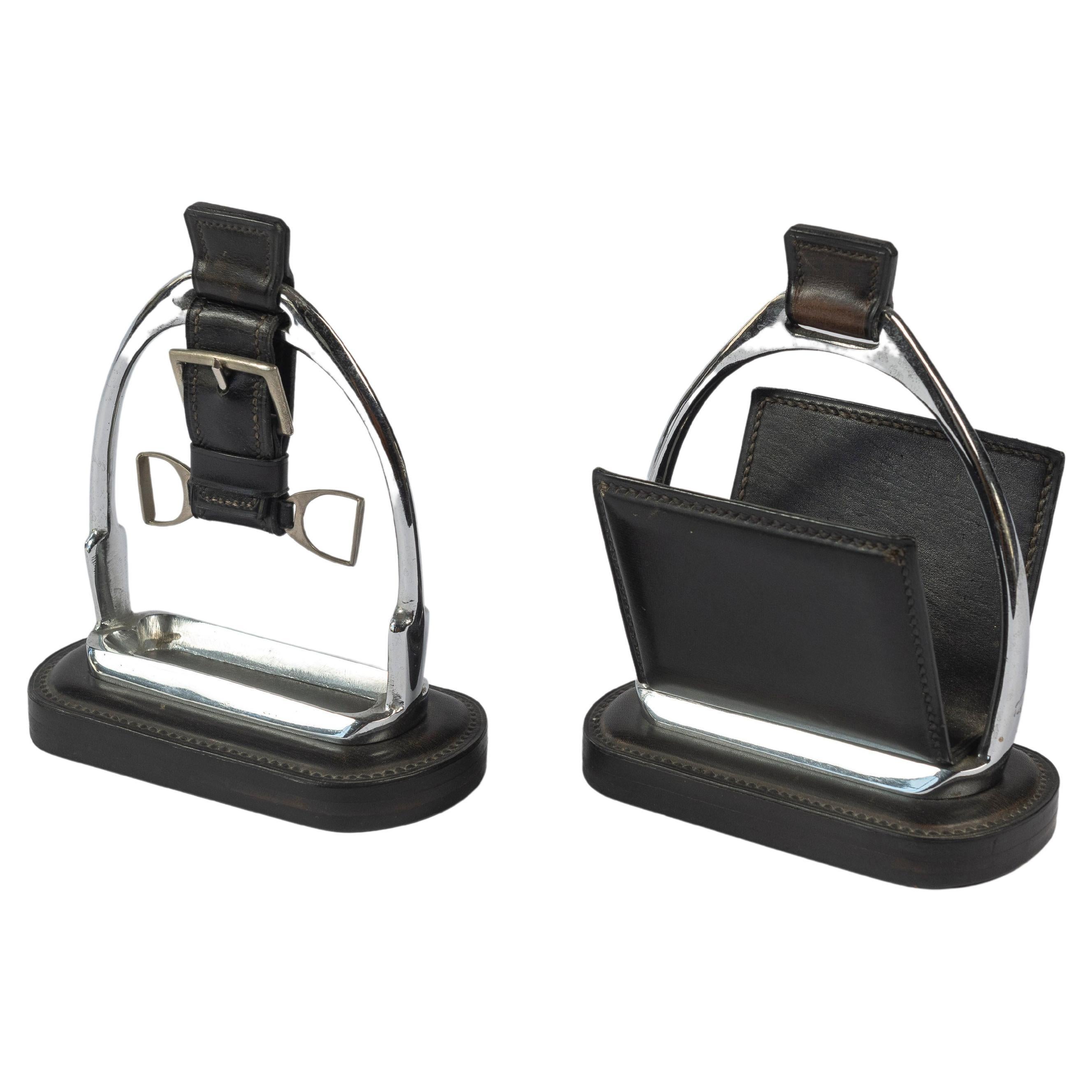 Jacques Adnet Stitched Leather and Silver Pique-Sellier Desk Accessories