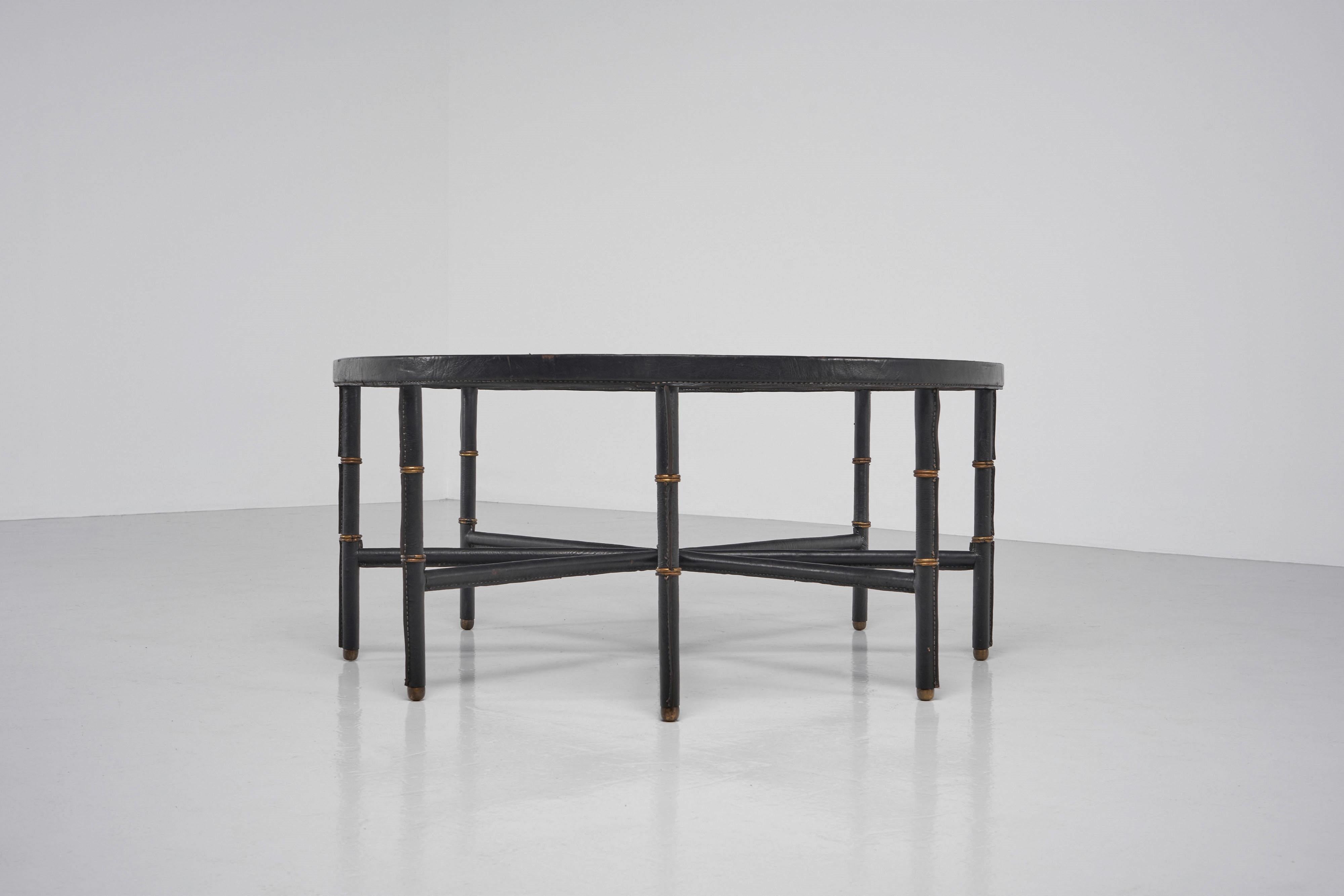 French Jacques Adnet stitched leather coffee table France 1950