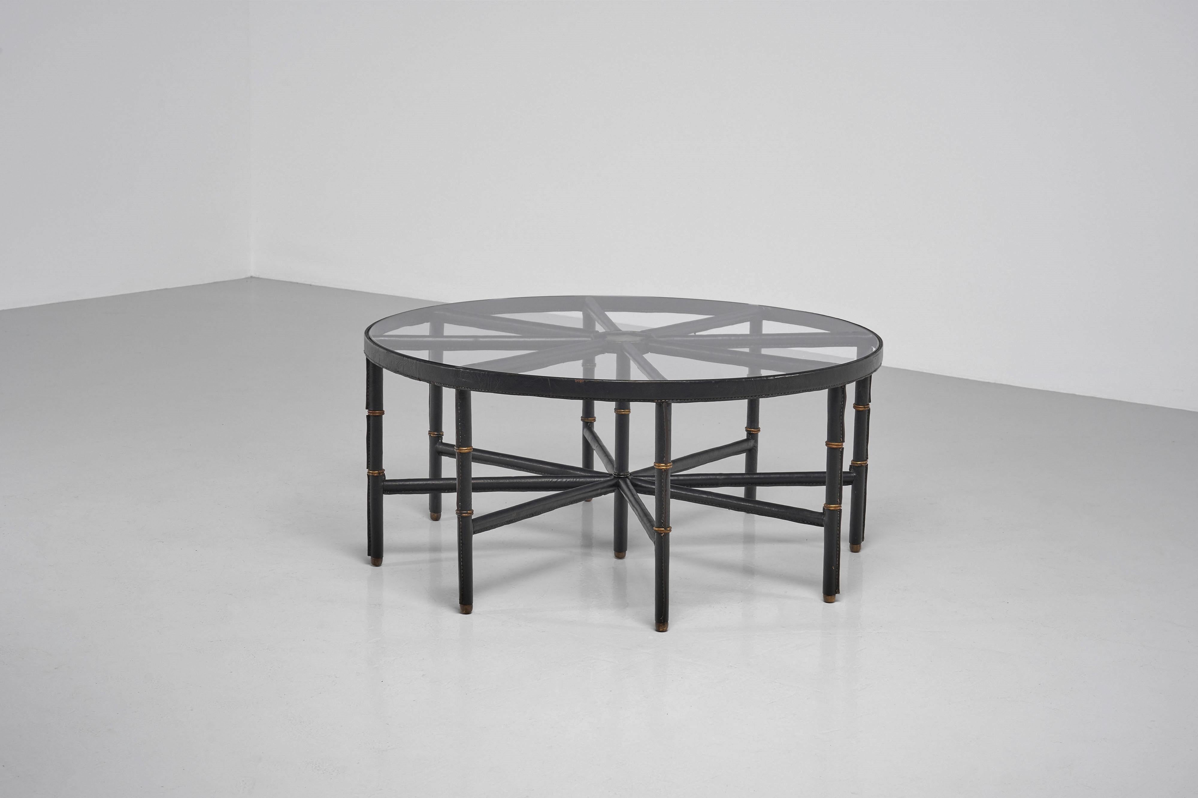 Mid-20th Century Jacques Adnet stitched leather coffee table France 1950