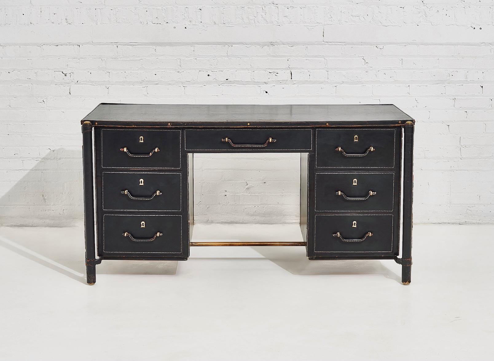 Mid-Century Modern Jacques Adnet Stitched Leather Executive Desk, France, 1940s