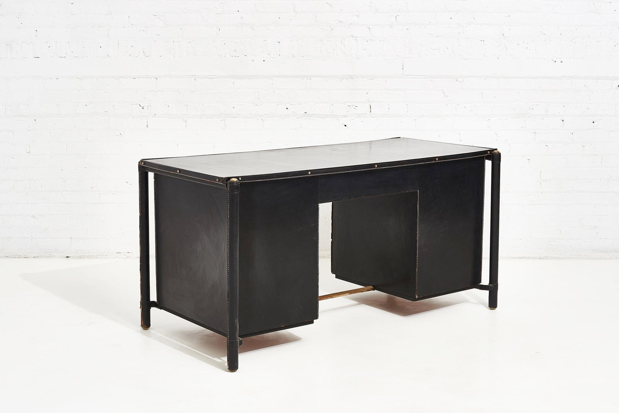 Jacques Adnet Stitched Leather Executive Desk, France, 1940s In Good Condition In Chicago, IL
