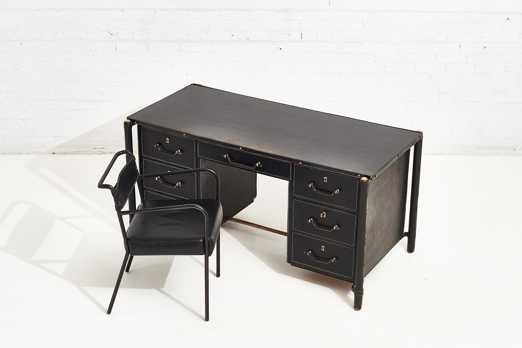 Mid-20th Century Jacques Adnet Stitched Leather Executive Desk, France, 1940s