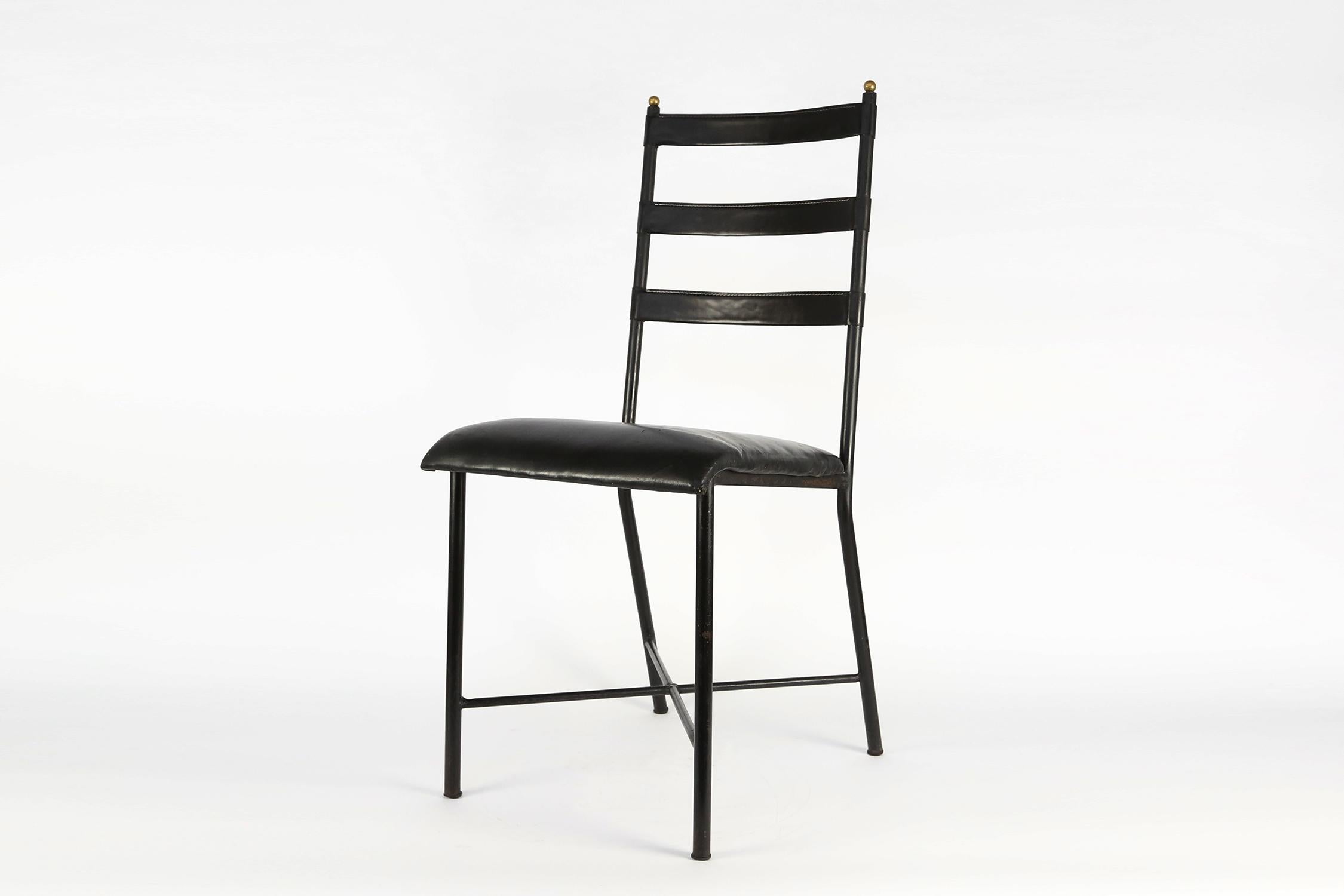 Mid-Century Modern Jacques Adnet Stitched Leather Metal and Brass Occasional Chair, France, 1960s