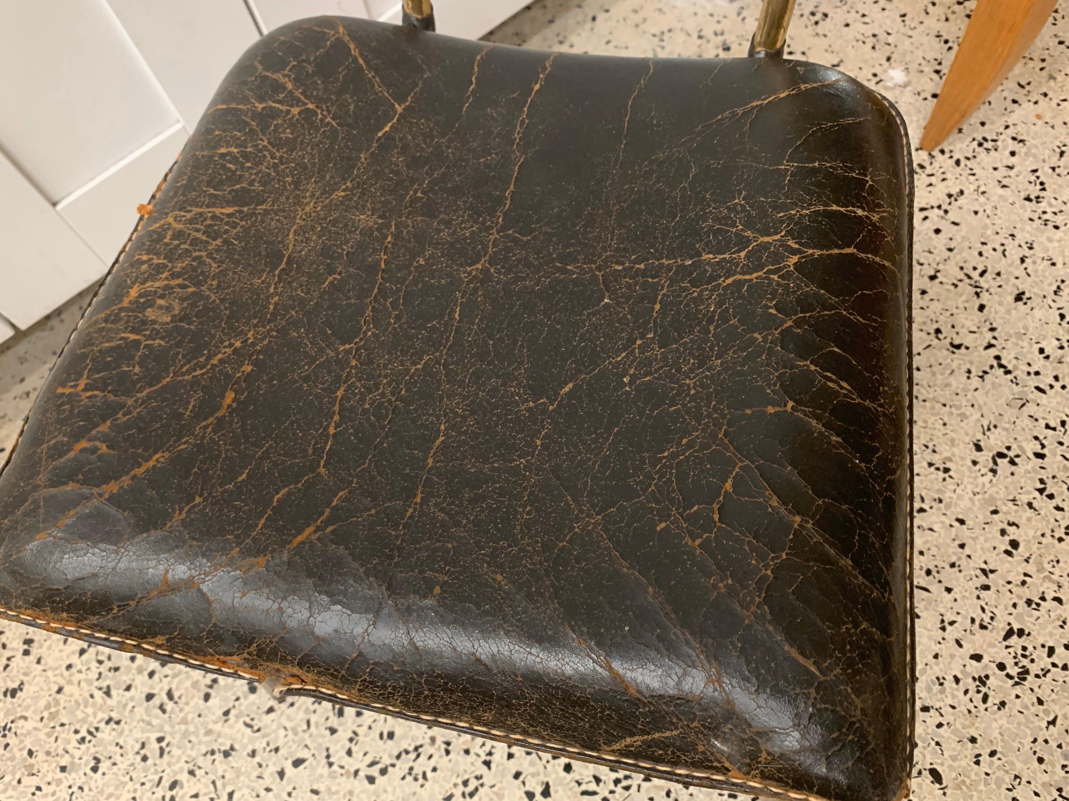 Jacques Adnet Stitched Leather Side Chair In Distressed Condition In East Hampton, NY