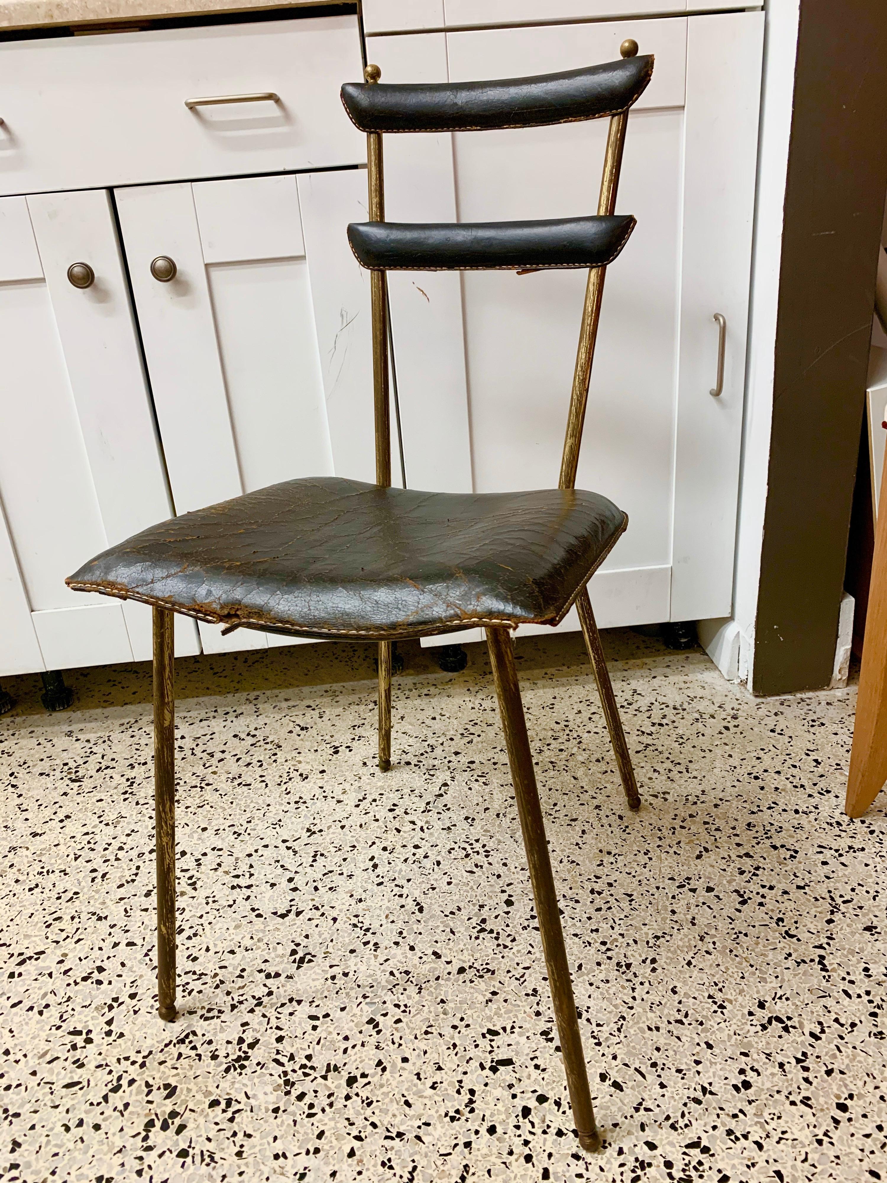 Brass Jacques Adnet Stitched Leather Side Chair