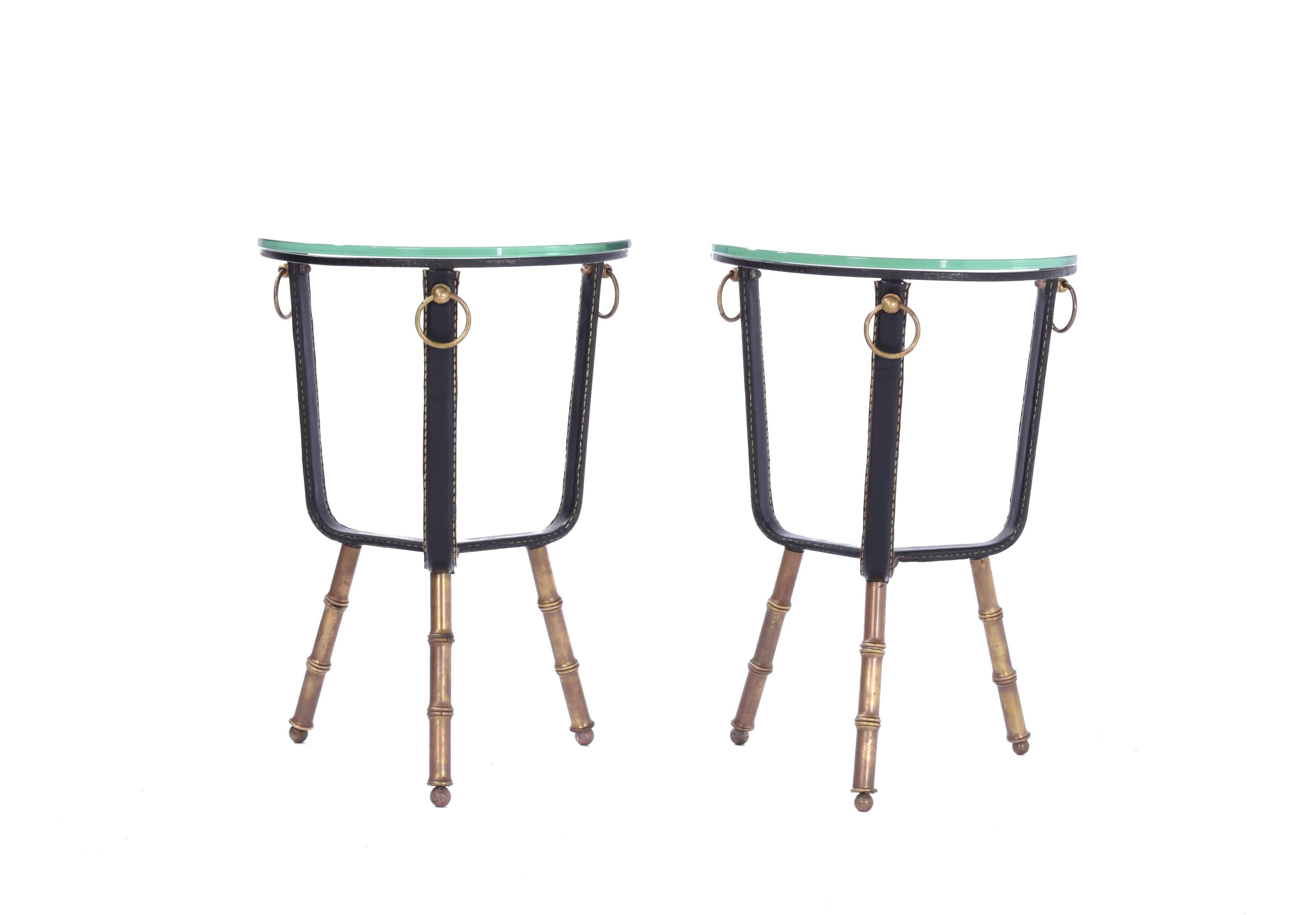 French Jacques Adnet Stitched Leather Side Tables
