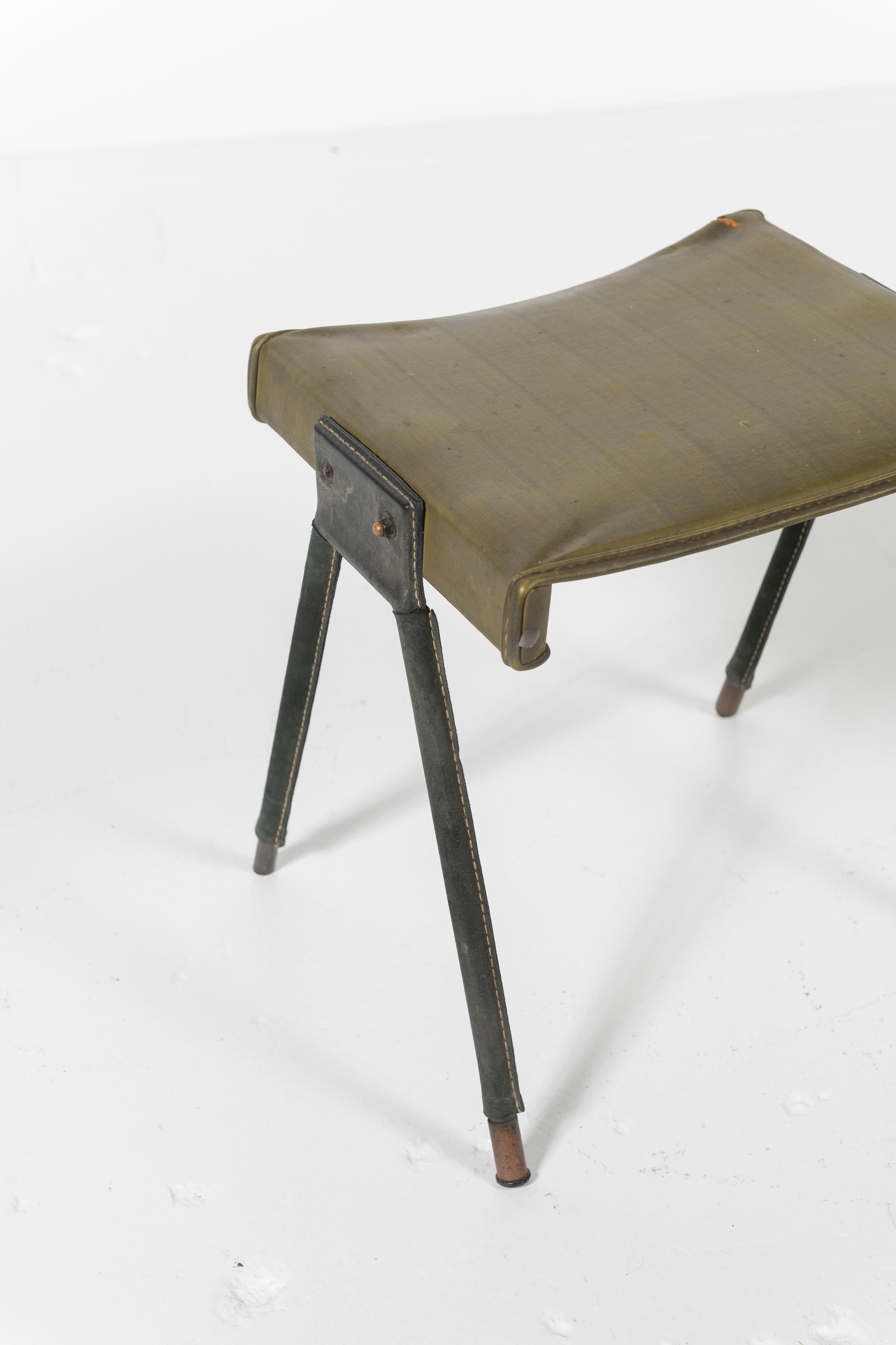 Mid-Century Modern Jacques Adnet Stool Covered in Green Leather with Saddlestiching