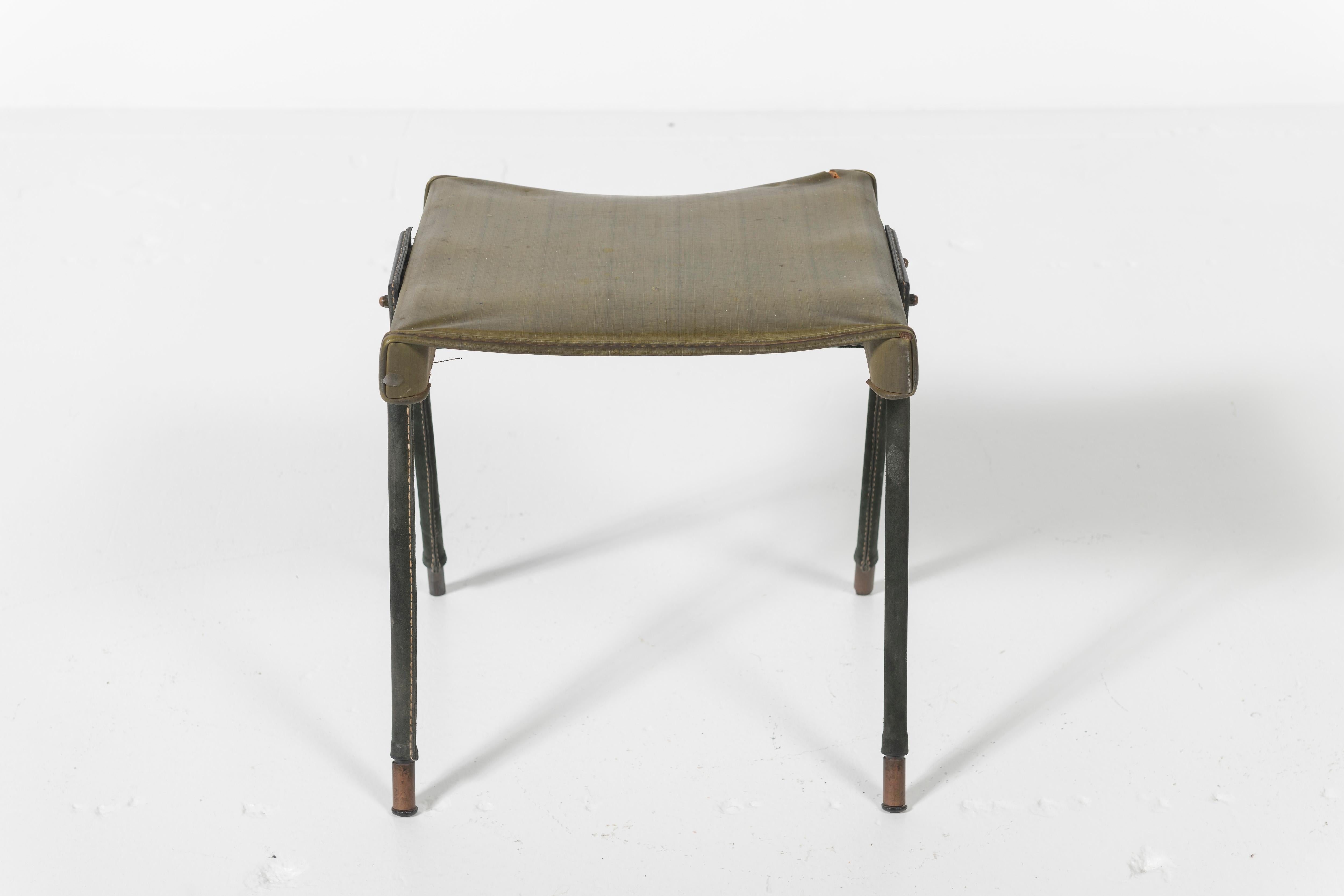 French Jacques Adnet Stool Covered in Green Leather with Saddlestiching