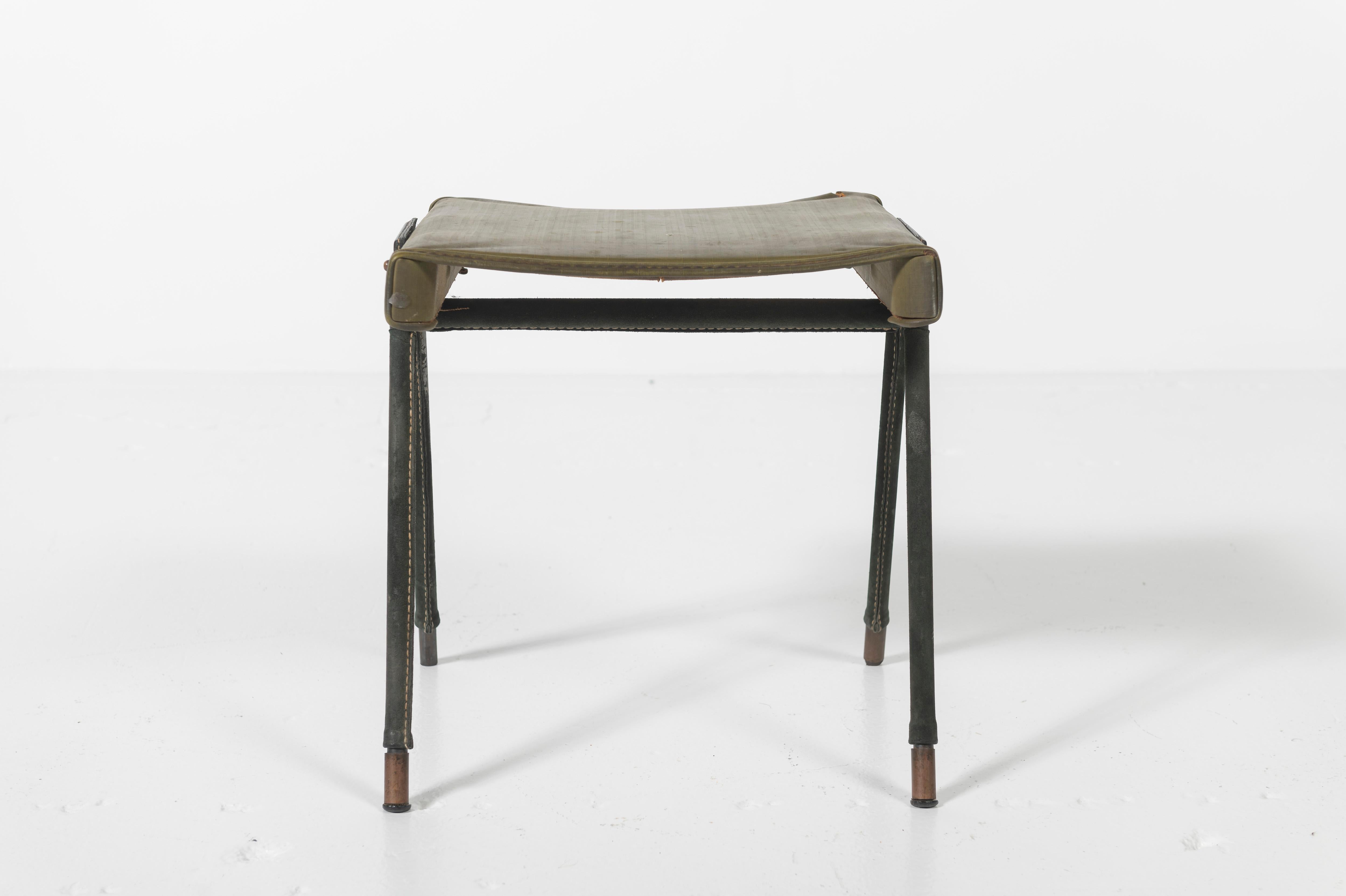 Jacques Adnet Stool Covered in Green Leather with Saddlestiching In Good Condition In San Francisco, CA