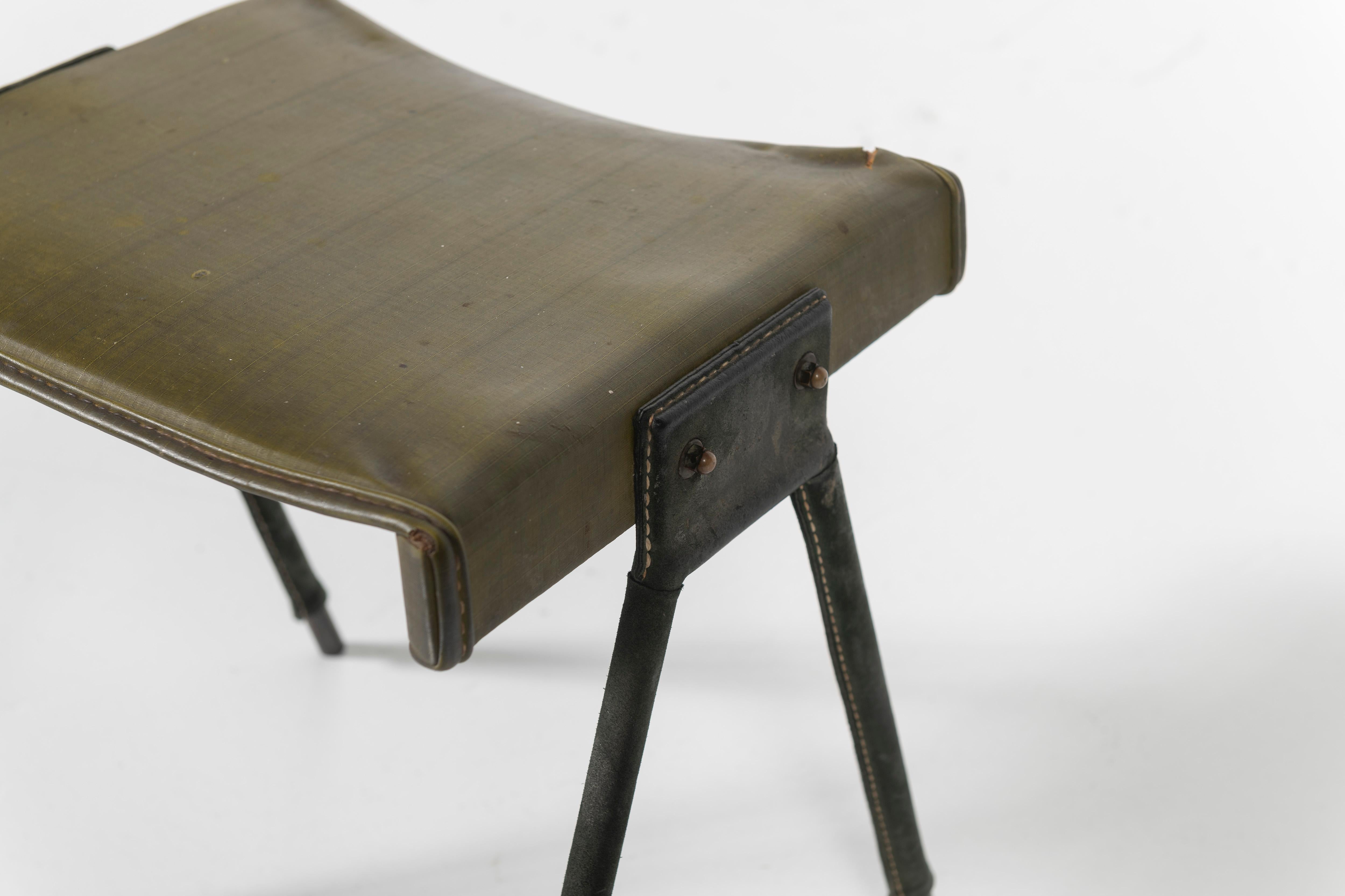 20th Century Jacques Adnet Stool Covered in Green Leather with Saddlestiching