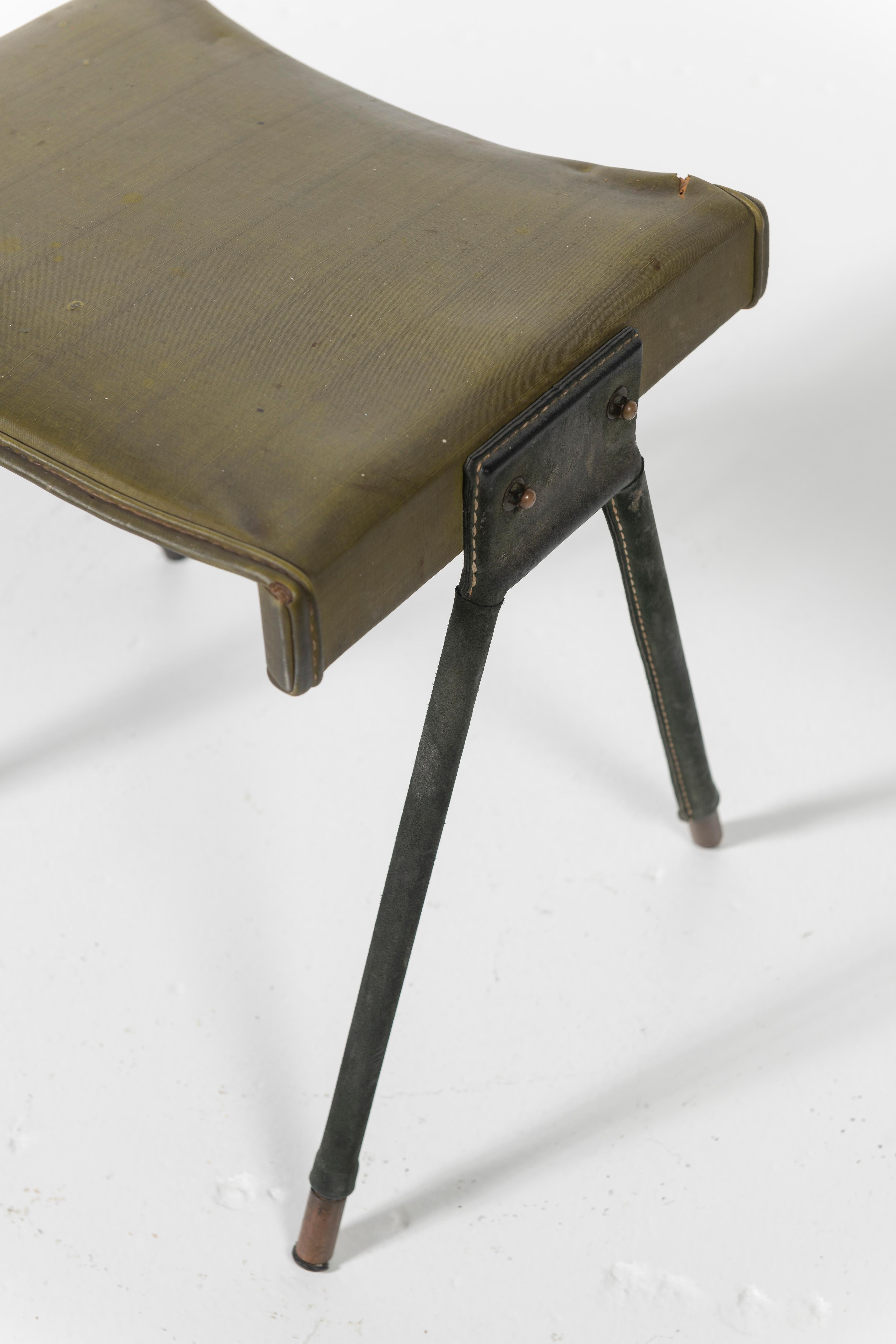 Metal Jacques Adnet Stool Covered in Green Leather with Saddlestiching