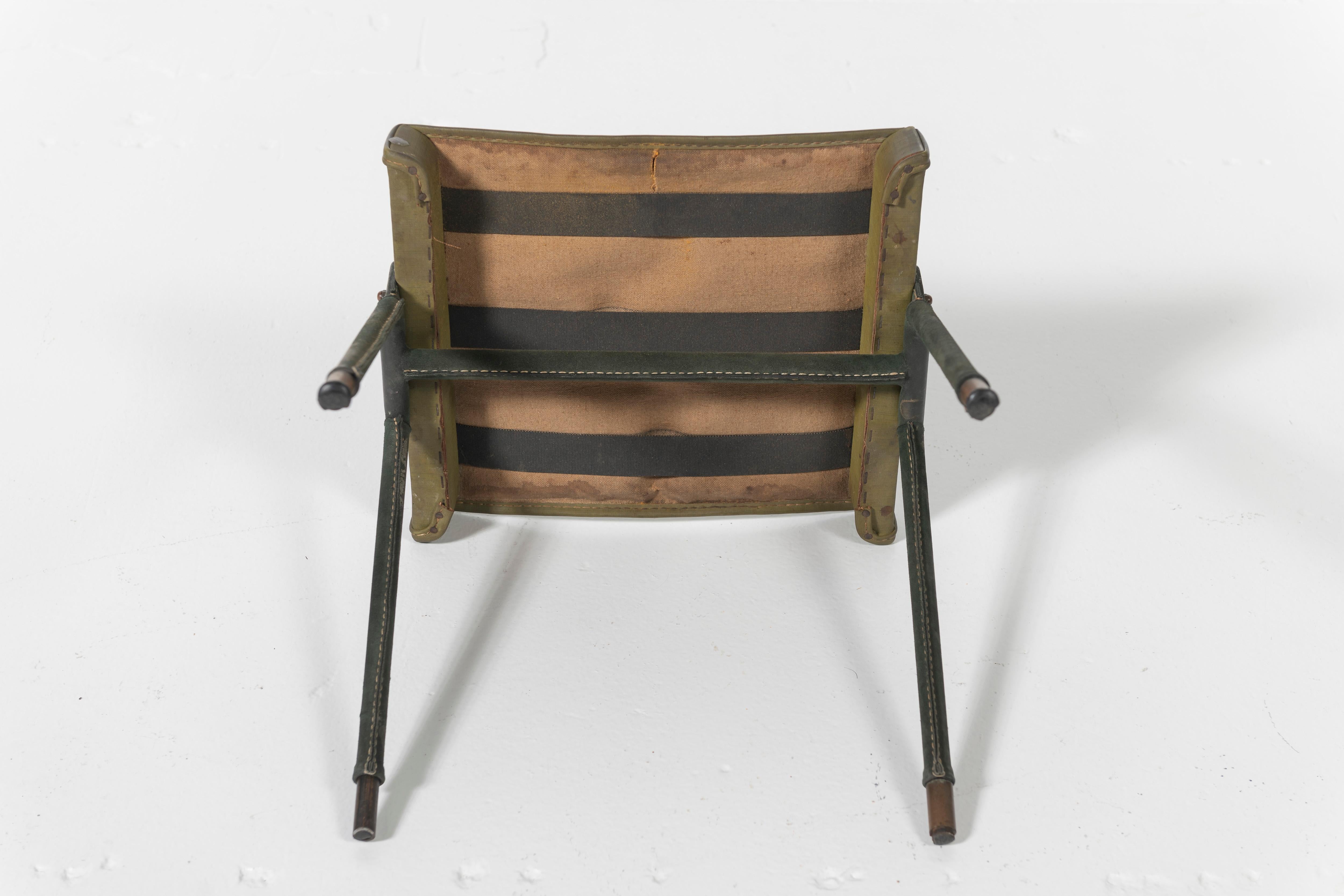 Jacques Adnet Stool Covered in Green Leather with Saddlestiching 1