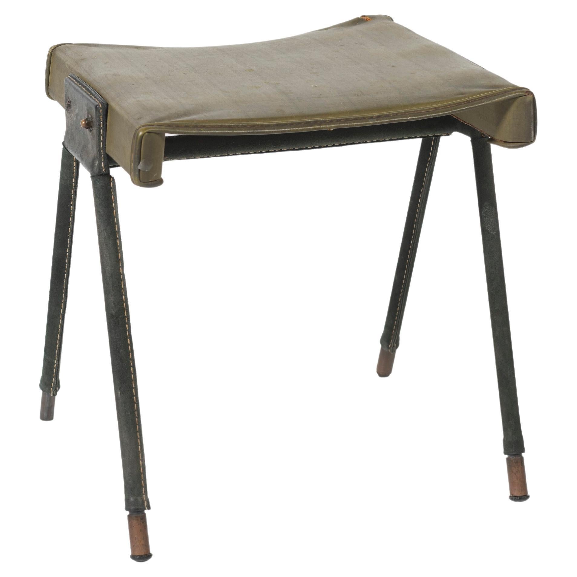 Jacques Adnet Stool Covered in Green Leather with Saddlestiching