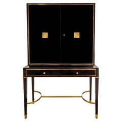 Jacques Adnet Style 2-Door Cabinet in Black Lacquer with Brass 1940s