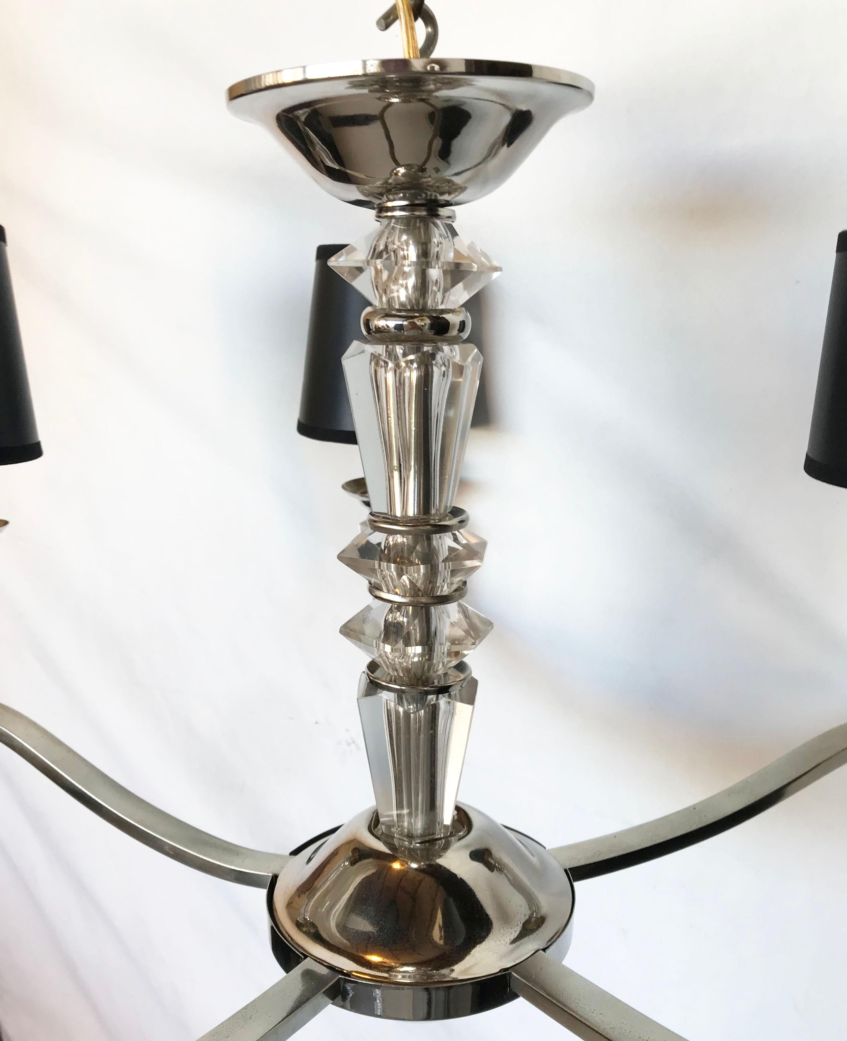 Superb Jacques Adnet style chrome and glass chandelier or Flushmount 
5 lights, 40 watts max bulb
US rewired and in working condition
chain dimension adjustable on demand.