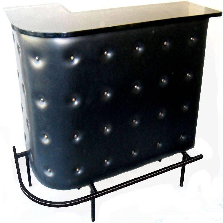 French Mid-Century Modern Jacques Adnet style bar. 
Black Faux Leather with Metal footrest.
Sold with two stools. 
Bar Laminated Top measures 14 inches Depth and 14 inches Depth inside. 
Stool: 30.5 inches Height, 13 inches diameter top seat. 
Image
