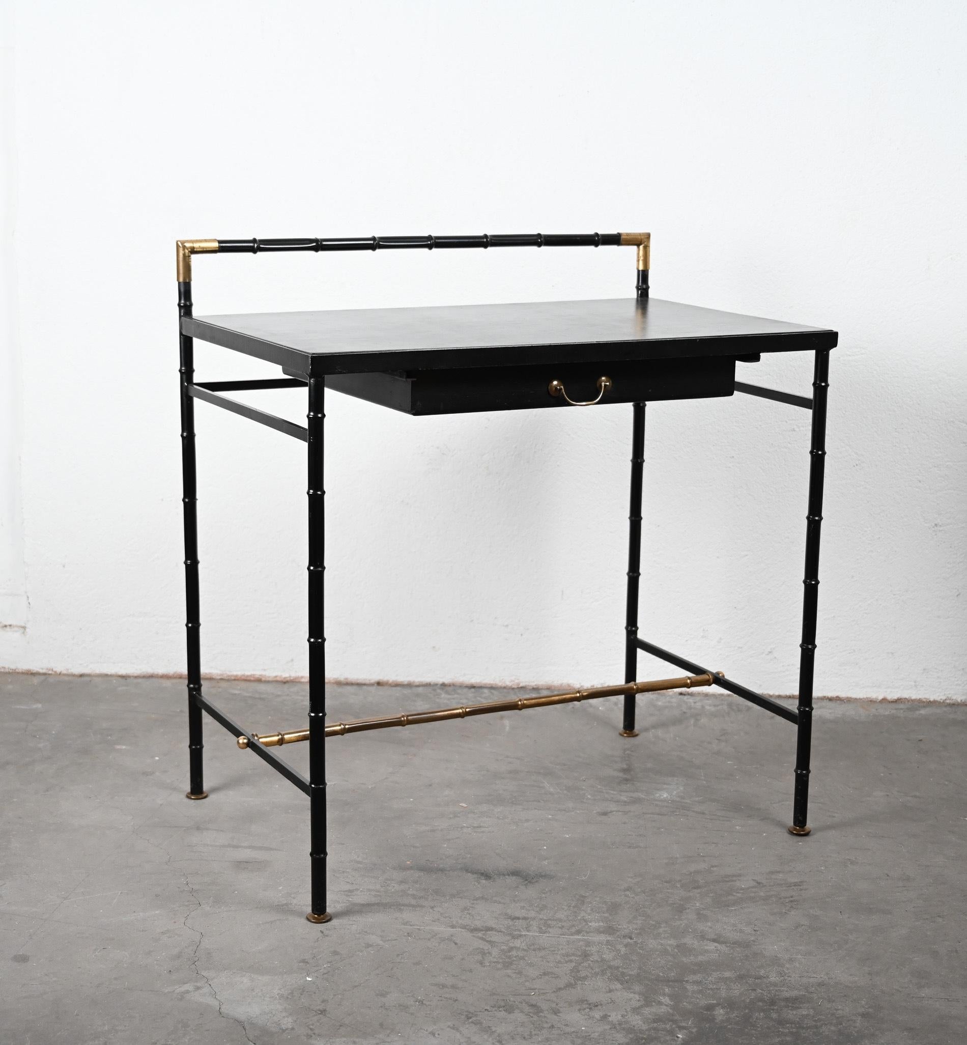 Jacques Adnet style black and brass faux bamboo table For Sale 10