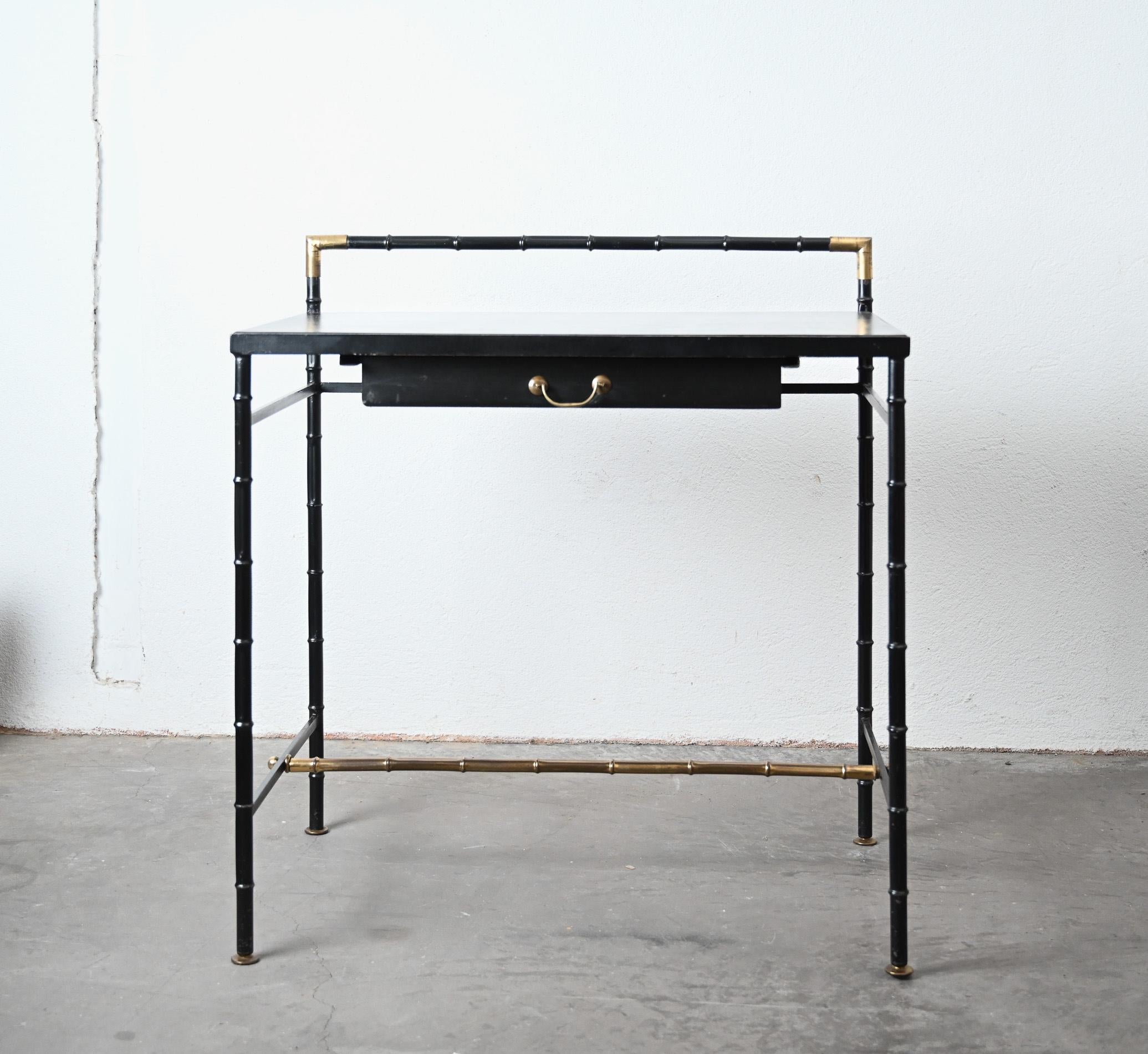 Jacques Adnet style black and brass faux bamboo table For Sale 11