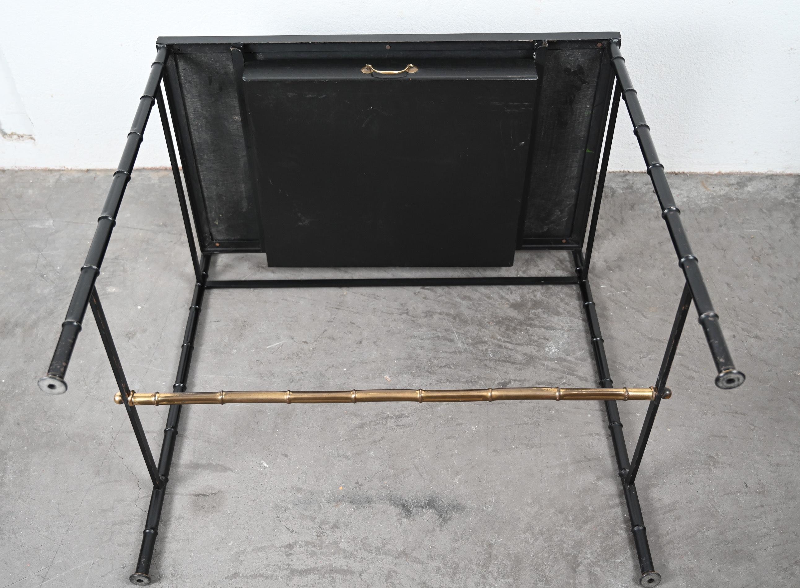 20th Century Jacques Adnet style black and brass faux bamboo table For Sale