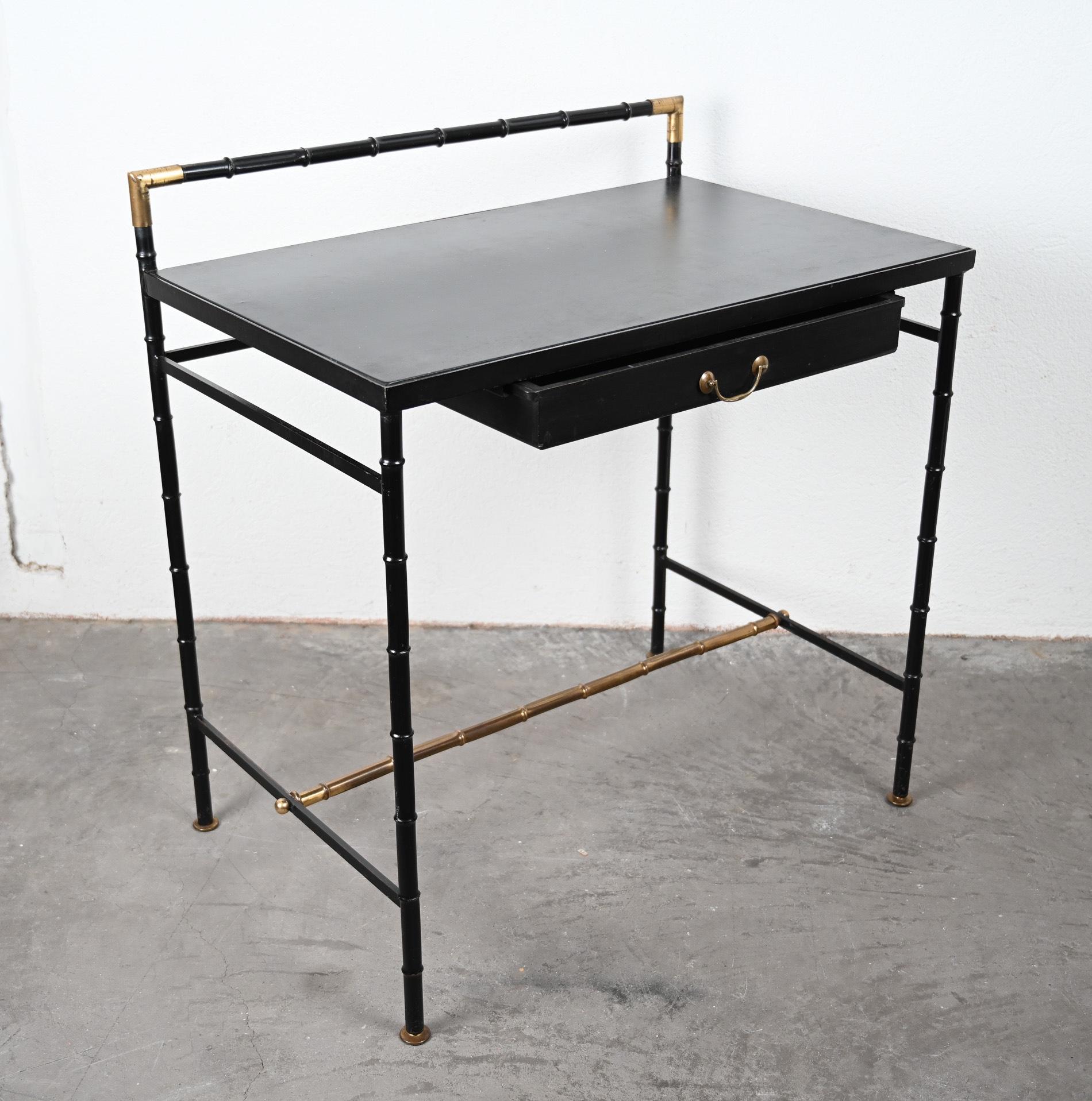 Jacques Adnet style black and brass faux bamboo table For Sale 1