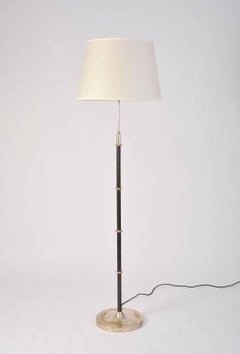 Jacques Adnet Style Black Leather and Silvered Brass Floor Lamp