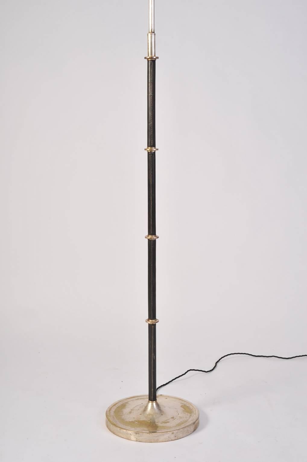 Art Deco Jacques Adnet Style Black Leather and Silvered Brass Floor Lamp