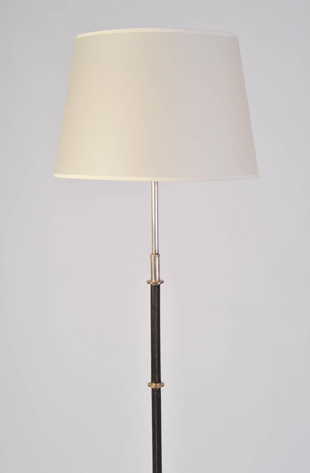 French Jacques Adnet Style Black Leather and Silvered Brass Floor Lamp