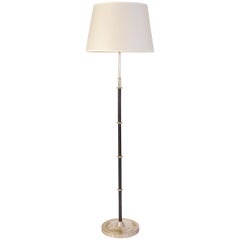 Jacques Adnet Style Black Leather and Silvered Brass Floor Lamp