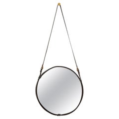 Specchio da cintura in pelle nera stile Jacques Adnet, Francia, anni '60