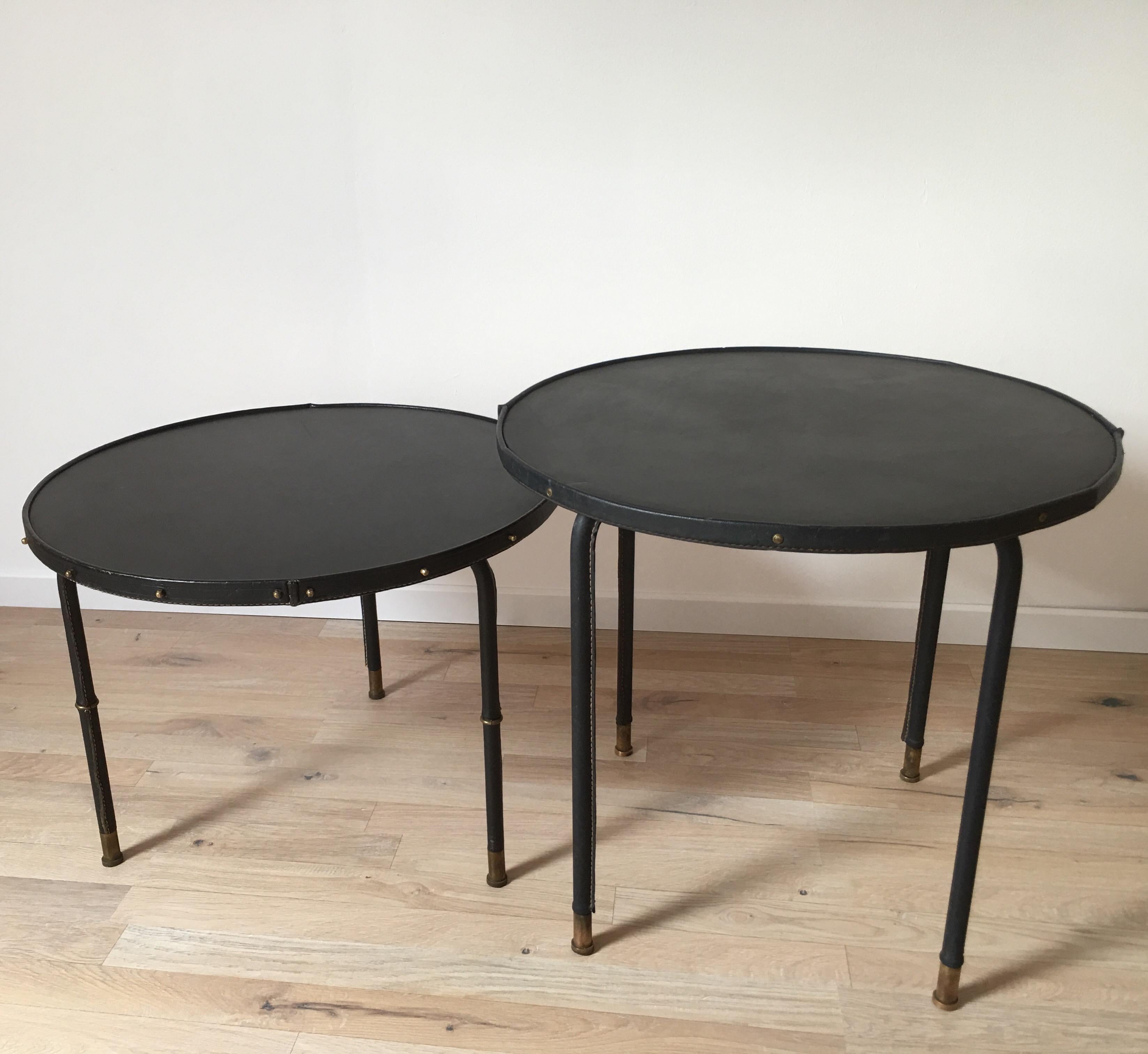 Jacques Adnet Style Black Stitched Leather Round Side Table, 1950s, French For Sale 10