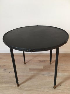 Jacques Adnet Style Black Stitched Leather Round Side Table, 1950s, French