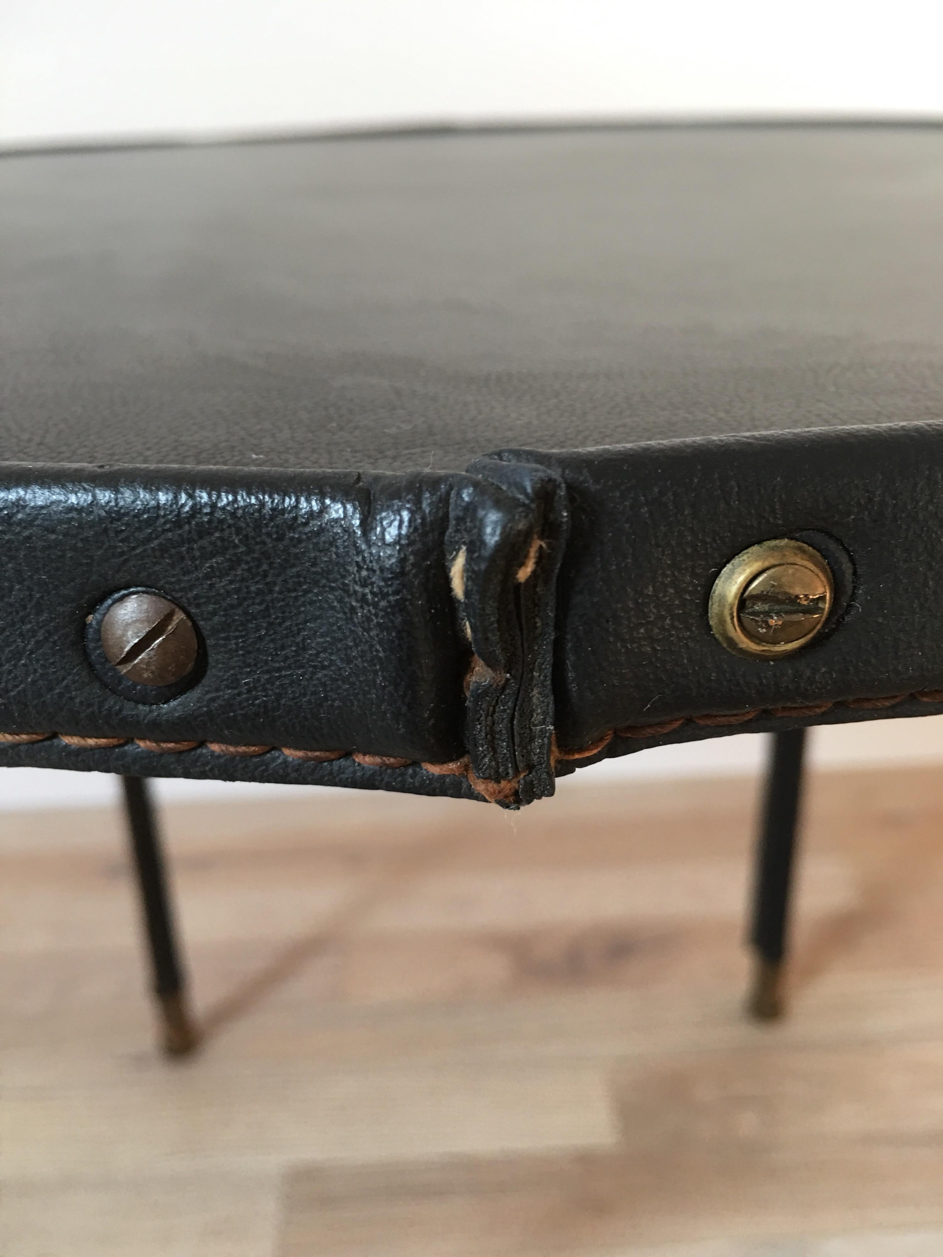 Bronze Jacques Adnet Style Black Stitched Leather Round Side Table, 1950s, French For Sale