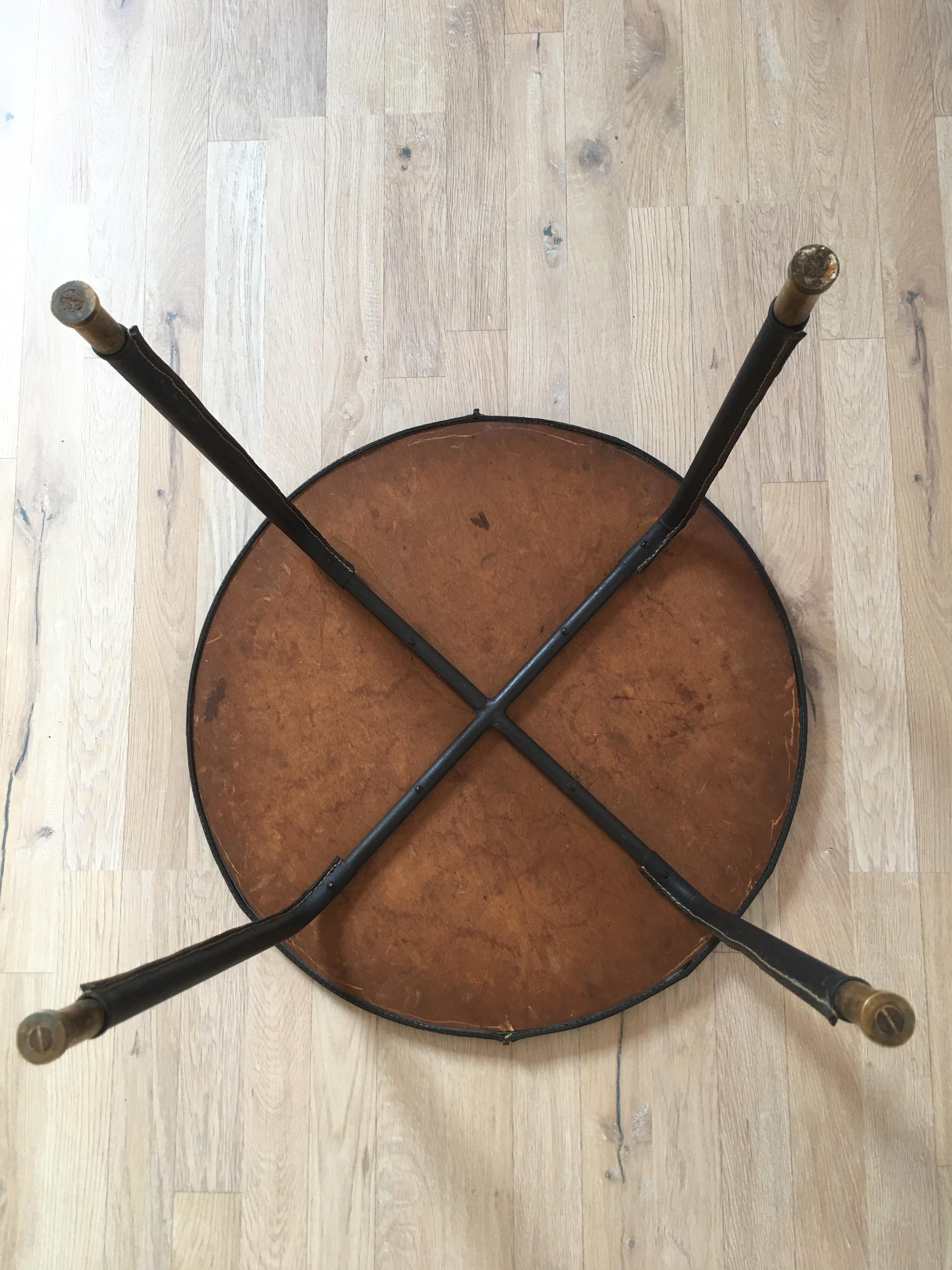 Jacques Adnet Style Black Stitched Leather Round Side Table, 1950s, French For Sale 1