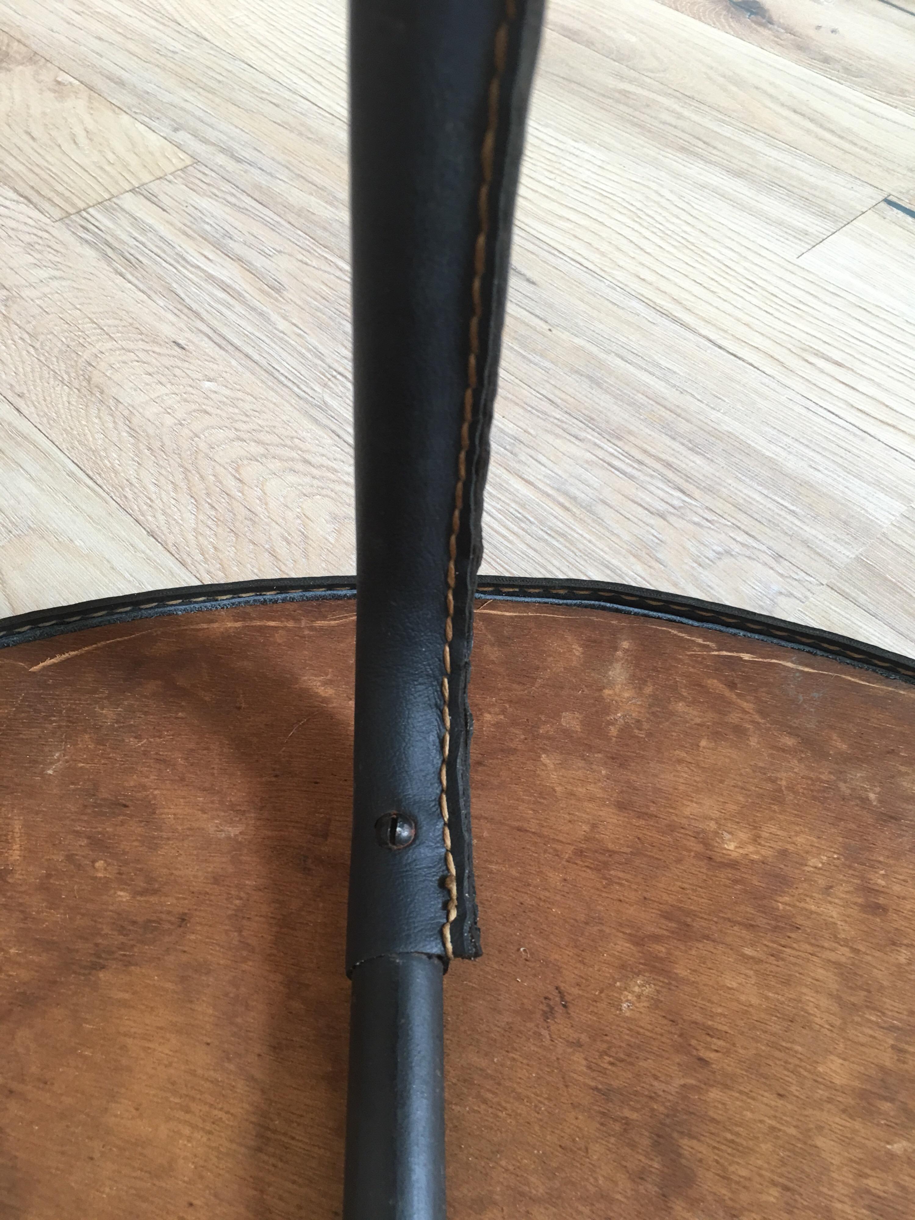 Jacques Adnet Style Black Stitched Leather Round Side Table, 1950s, French For Sale 3