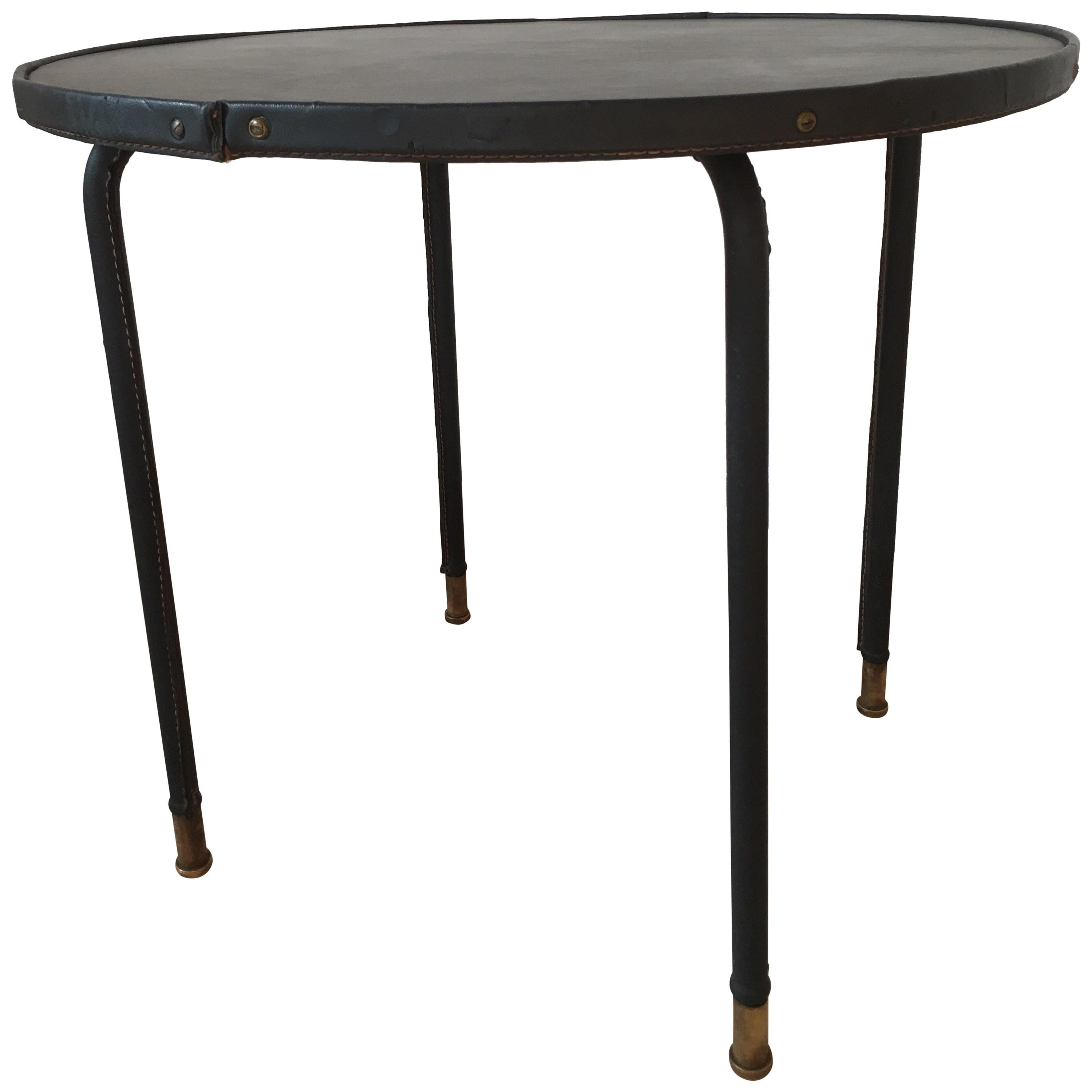 Jacques Adnet Style Black Stitched Leather Round Side Table, 1950s, French For Sale