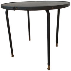 Jacques Adnet Style Black Stitched Leather Round Side Table, 1950s, French