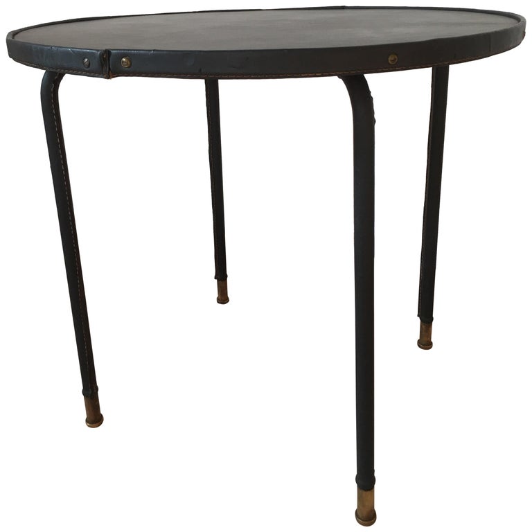 Jacques Adnet Style Black Stitched Leather Round Side Table 1950s French