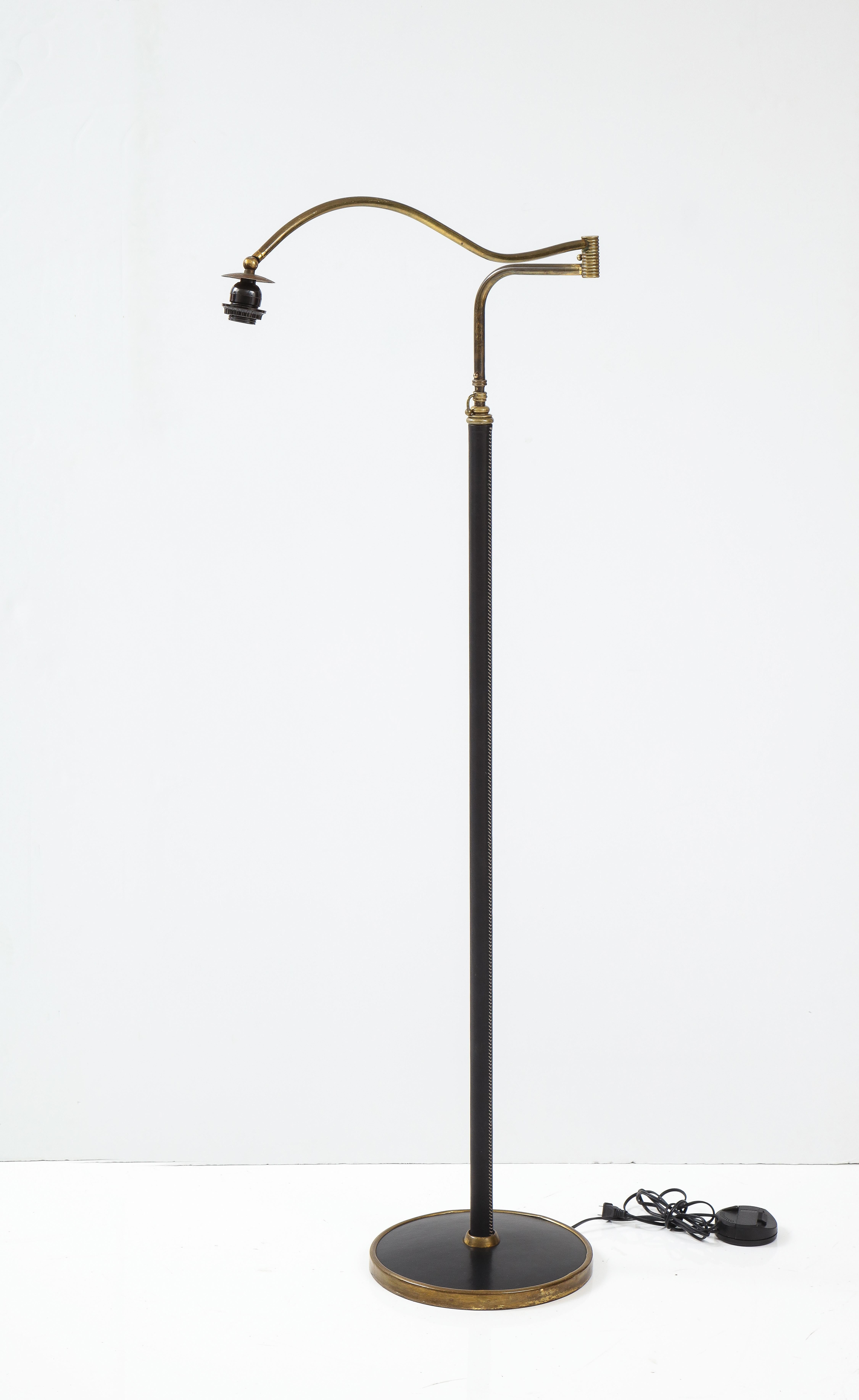 Jacques Adnet Style Brass and Leather Swing Arm Floor Lamp 4